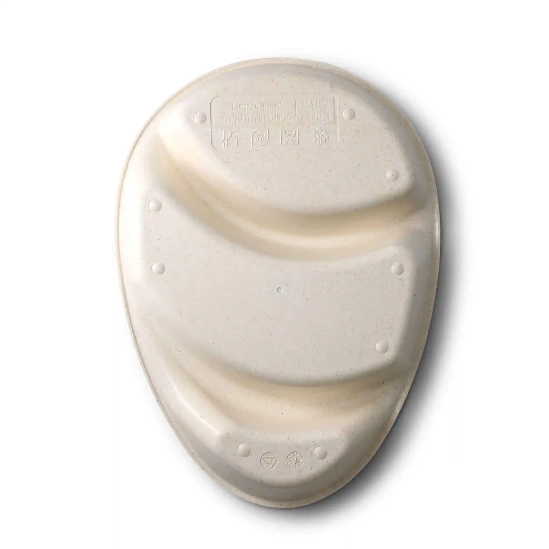 Creamy white reusable menu plate with three compartments, teardrop shape, measuring 27.5 x 20 x 3.5 cm.