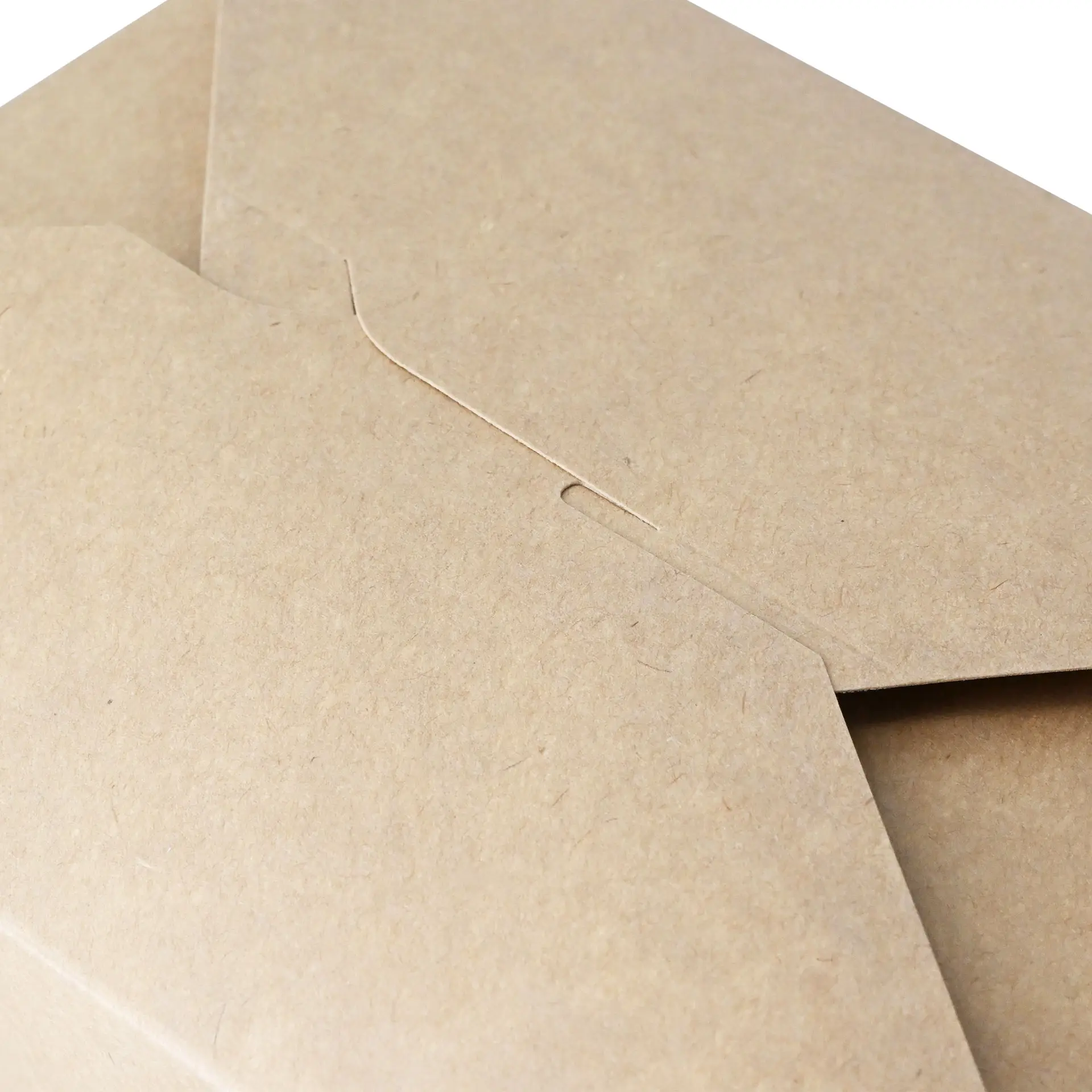 Brown kraft cardboard take-away box with a folding lid; suitable for various foods, FSC certified for sustainability.