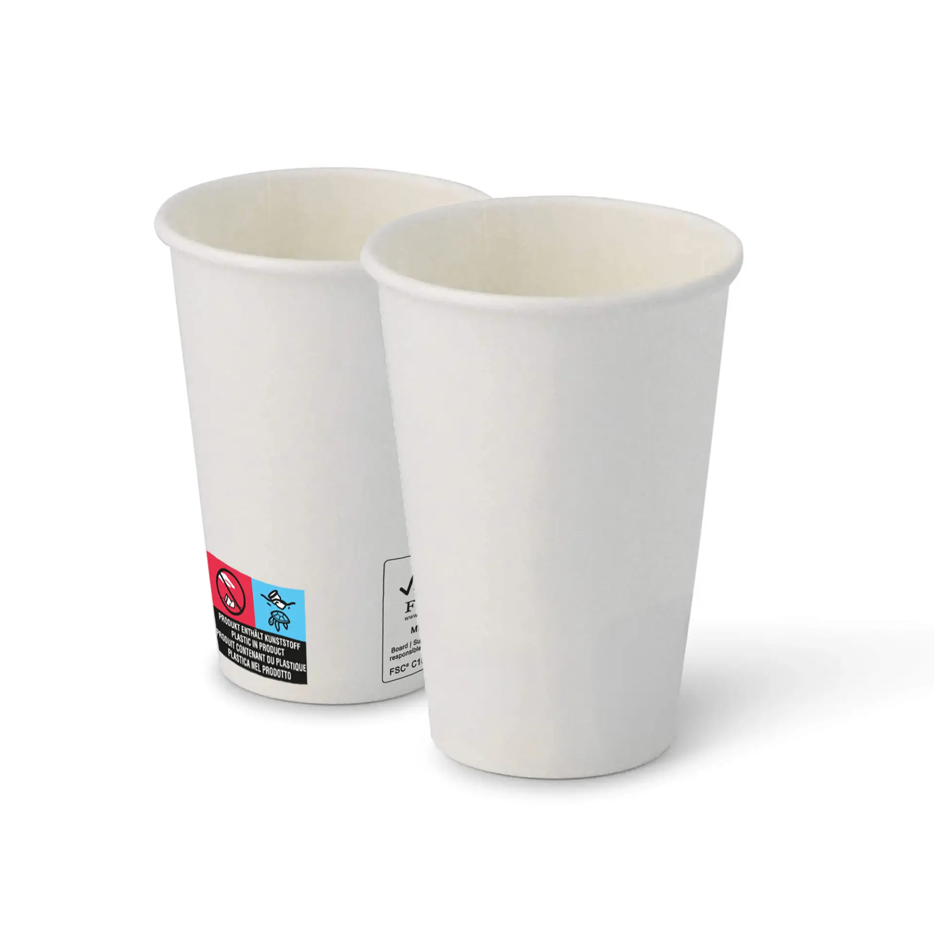 Two white paper cups with a round shape, showing inner coating and labels on the side.