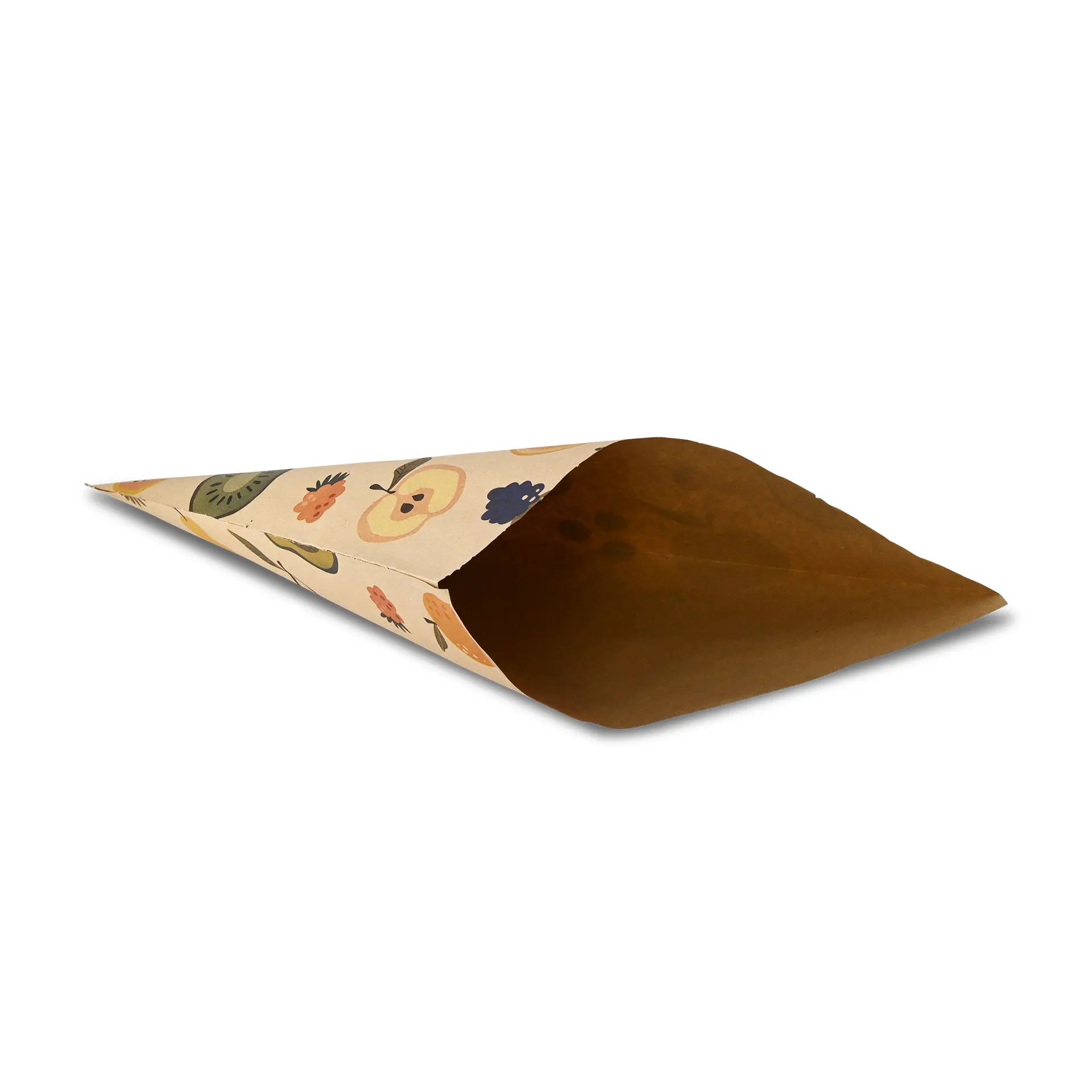 Paper cone with a brown exterior and printed floral design, ideal for serving fruits and vegetables.