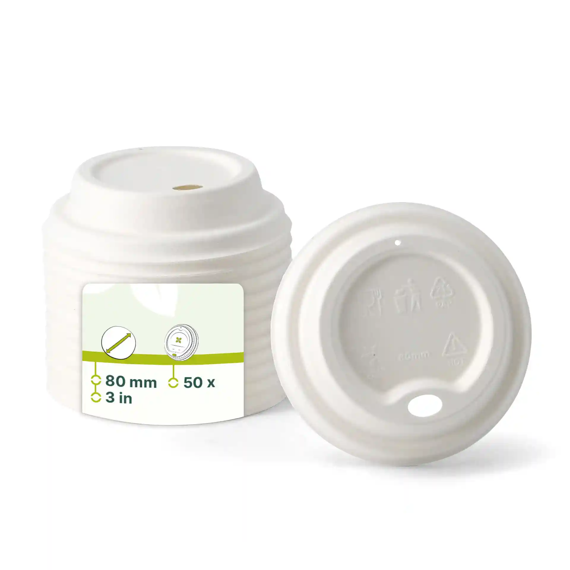 White sugarcane lid for paper cups, 80 mm diameter, with a height of 22 mm, shown with a label.