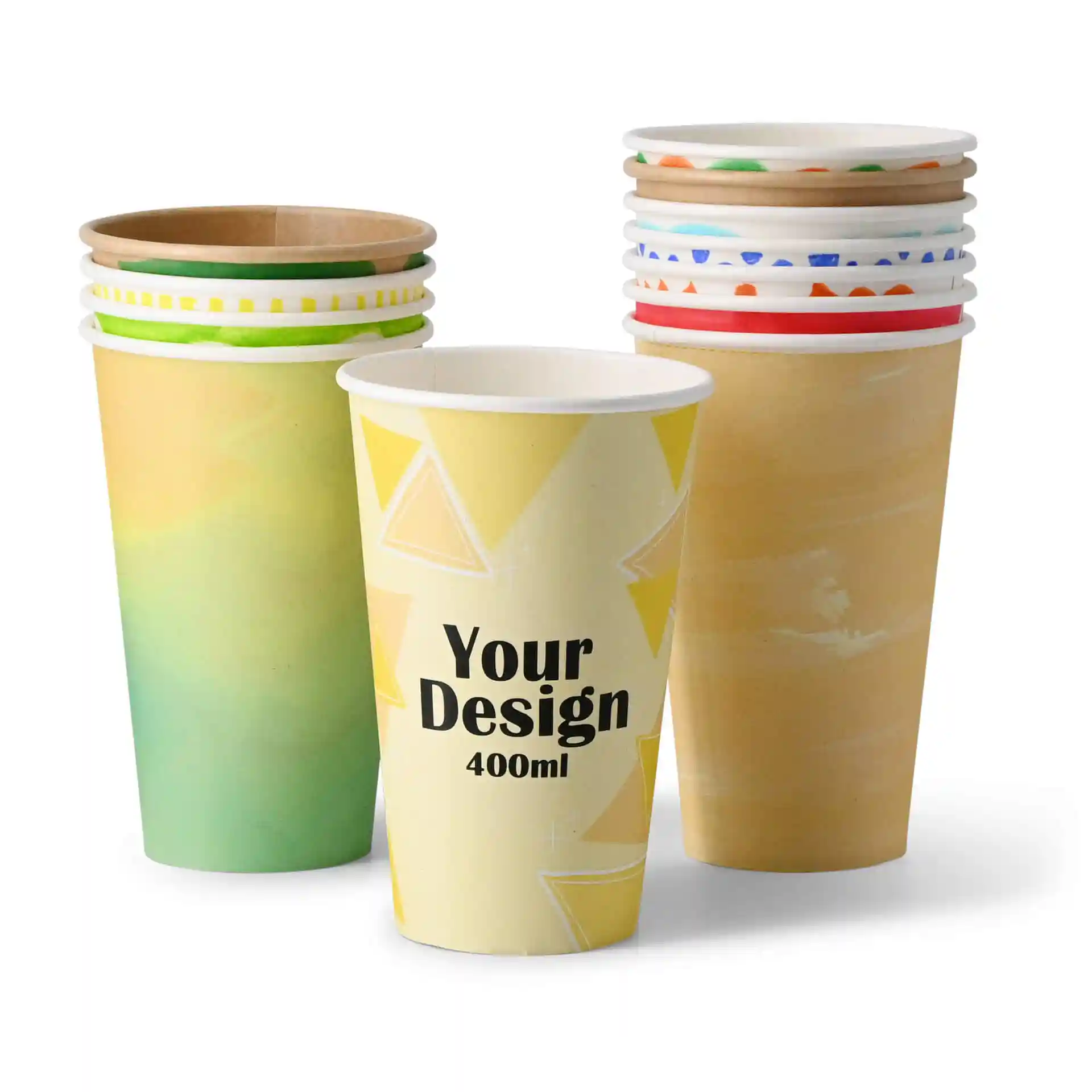 Stack of paper cups in various designs, with a prominent cup displaying a yellow geometric pattern and "Your Design" text.