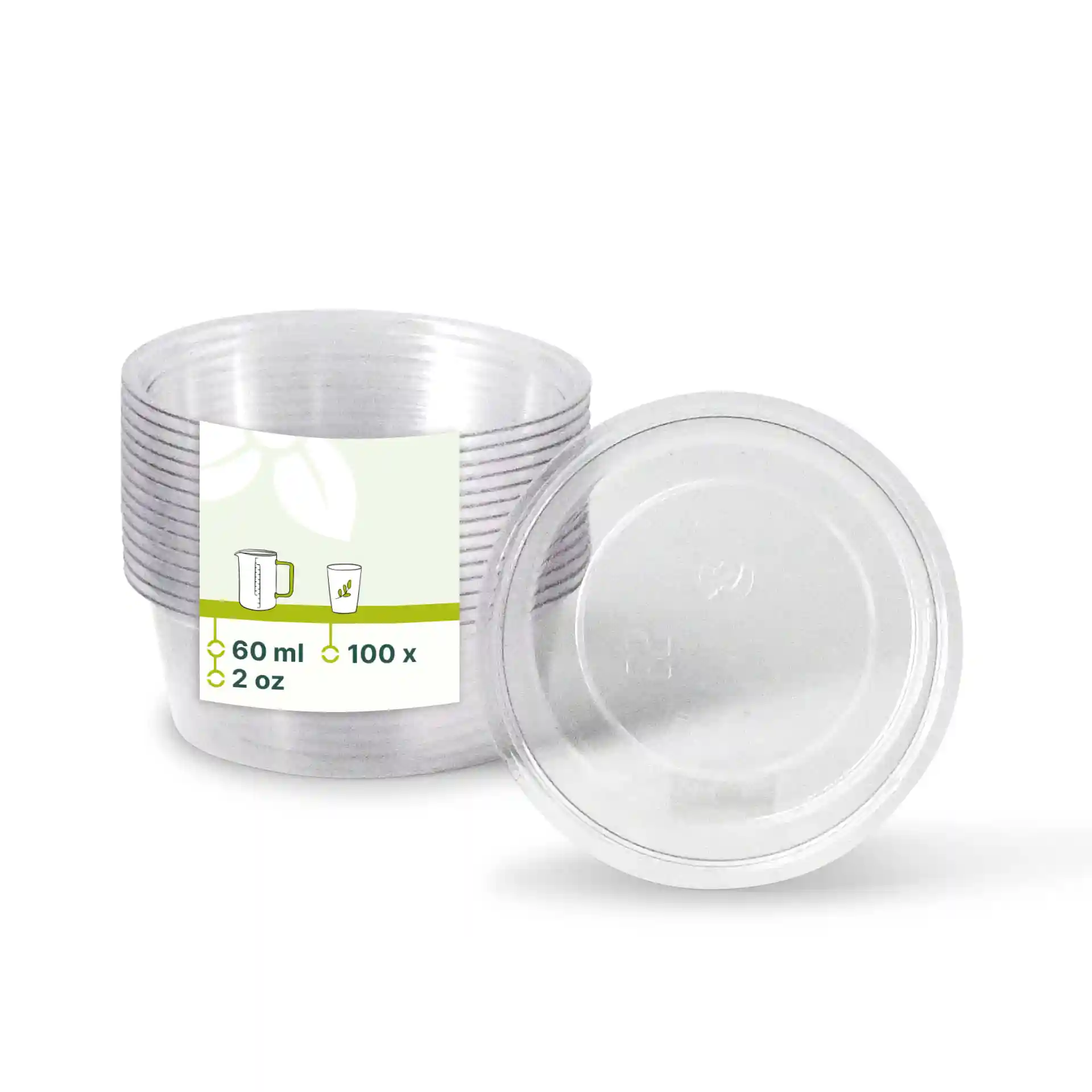 Transparent PLA portion cups with a diameter of 70 mm, showing a stack of several cups and one lid.