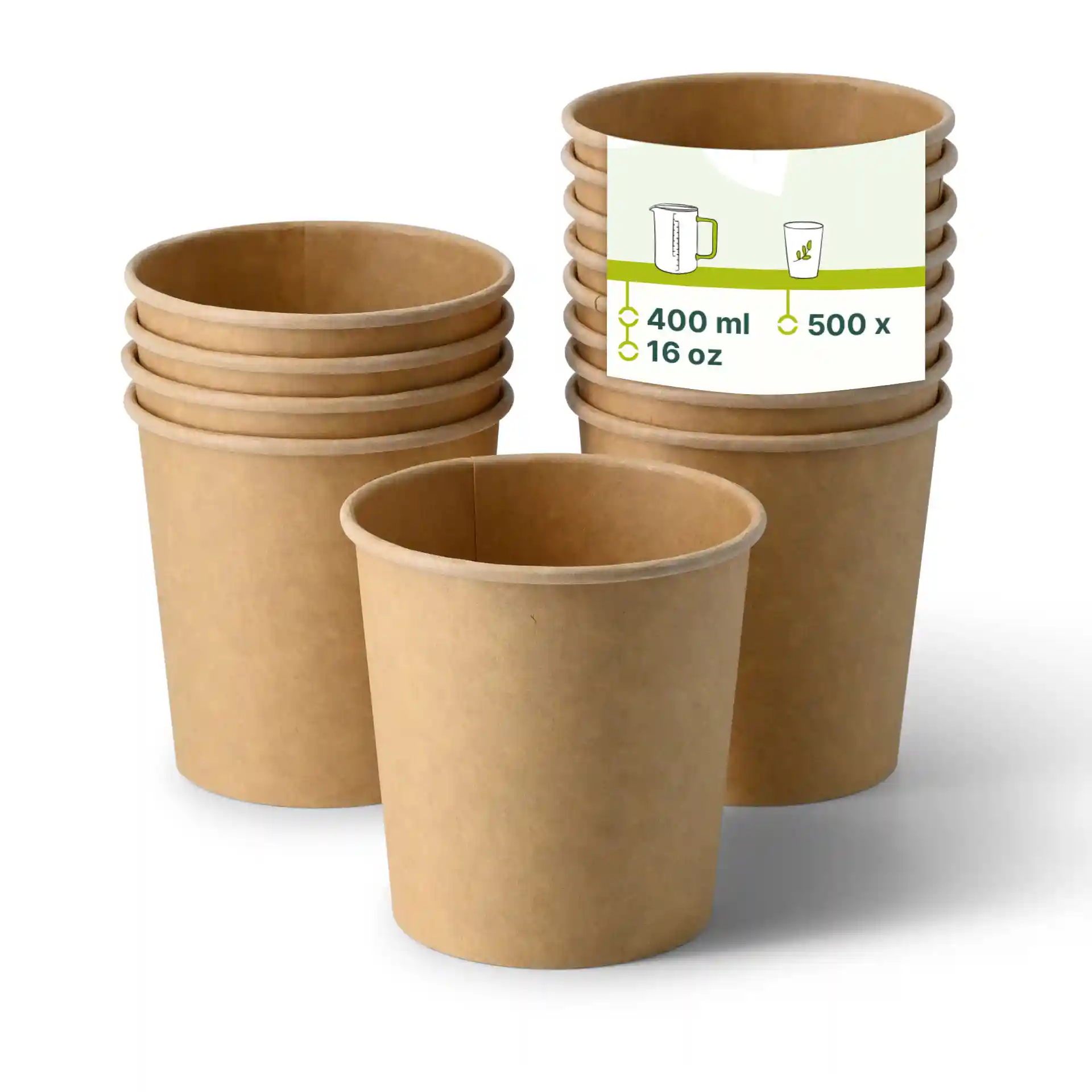 Brown cardboard soup cups stacked, with one cup in front showing a label indicating 400 ml and 16 oz capacity.