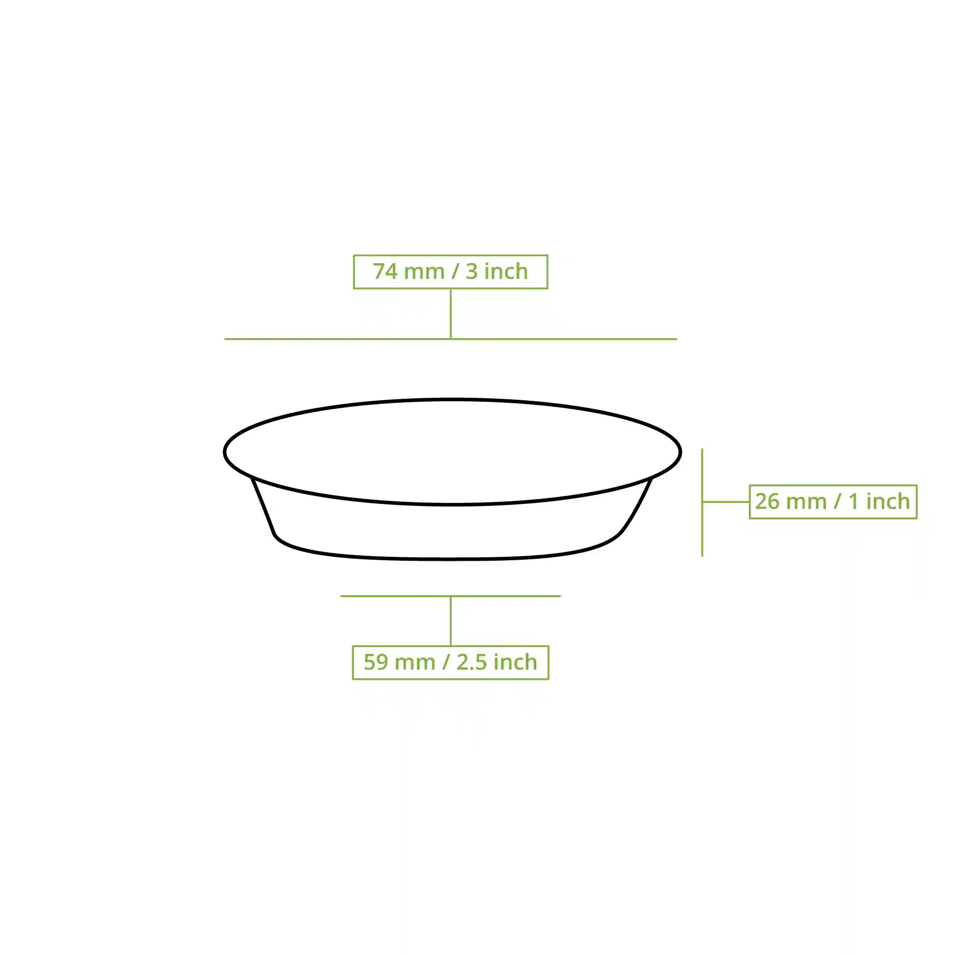 Schematic drawing of a round dip pot with dimensions: 75 mm diameter, 26 mm height, and 59 mm bottom diameter.