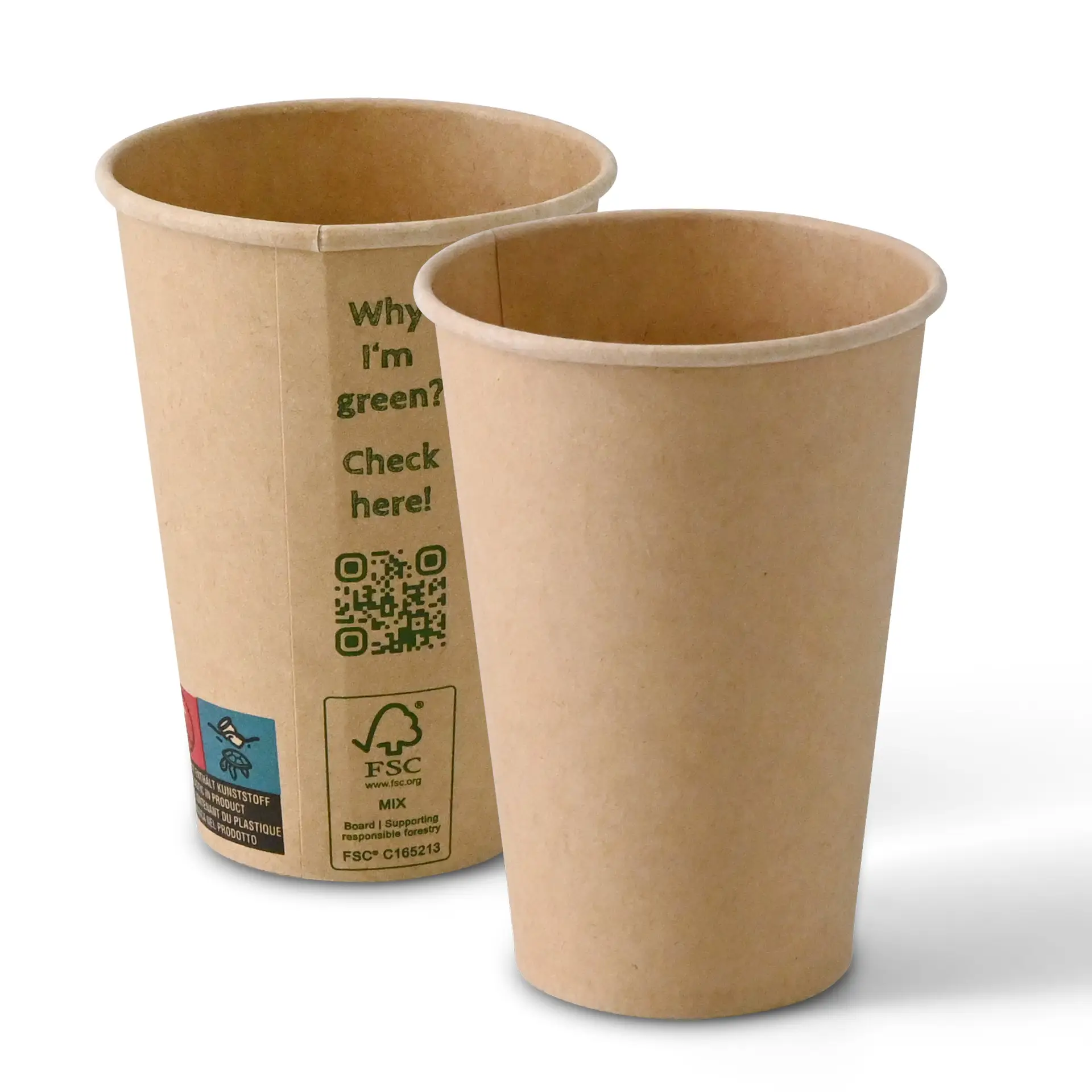 Brown cardboard vending cups with PLA coating; features a visible QR code and eco-friendly markings. Ideal for hot beverages.
