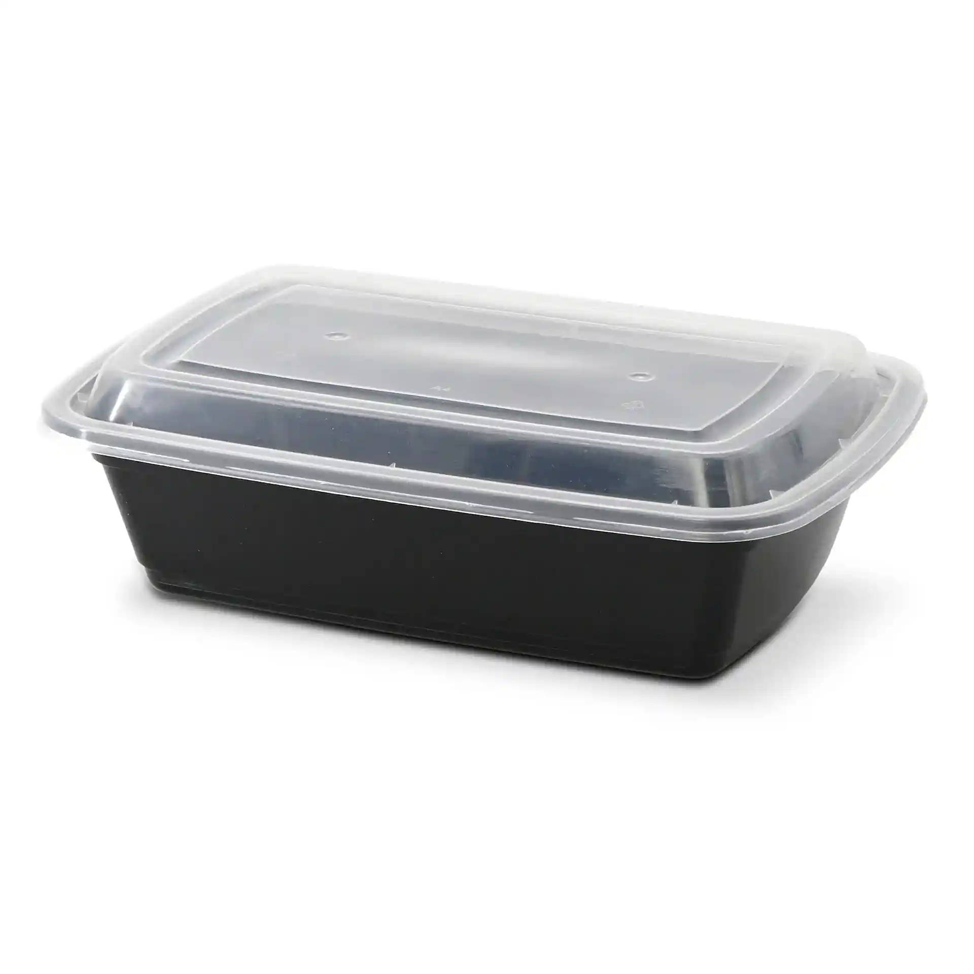 Rectangular black reusable container with a clear lid, measuring 217 mm long, 150 mm wide, and 52 mm high.