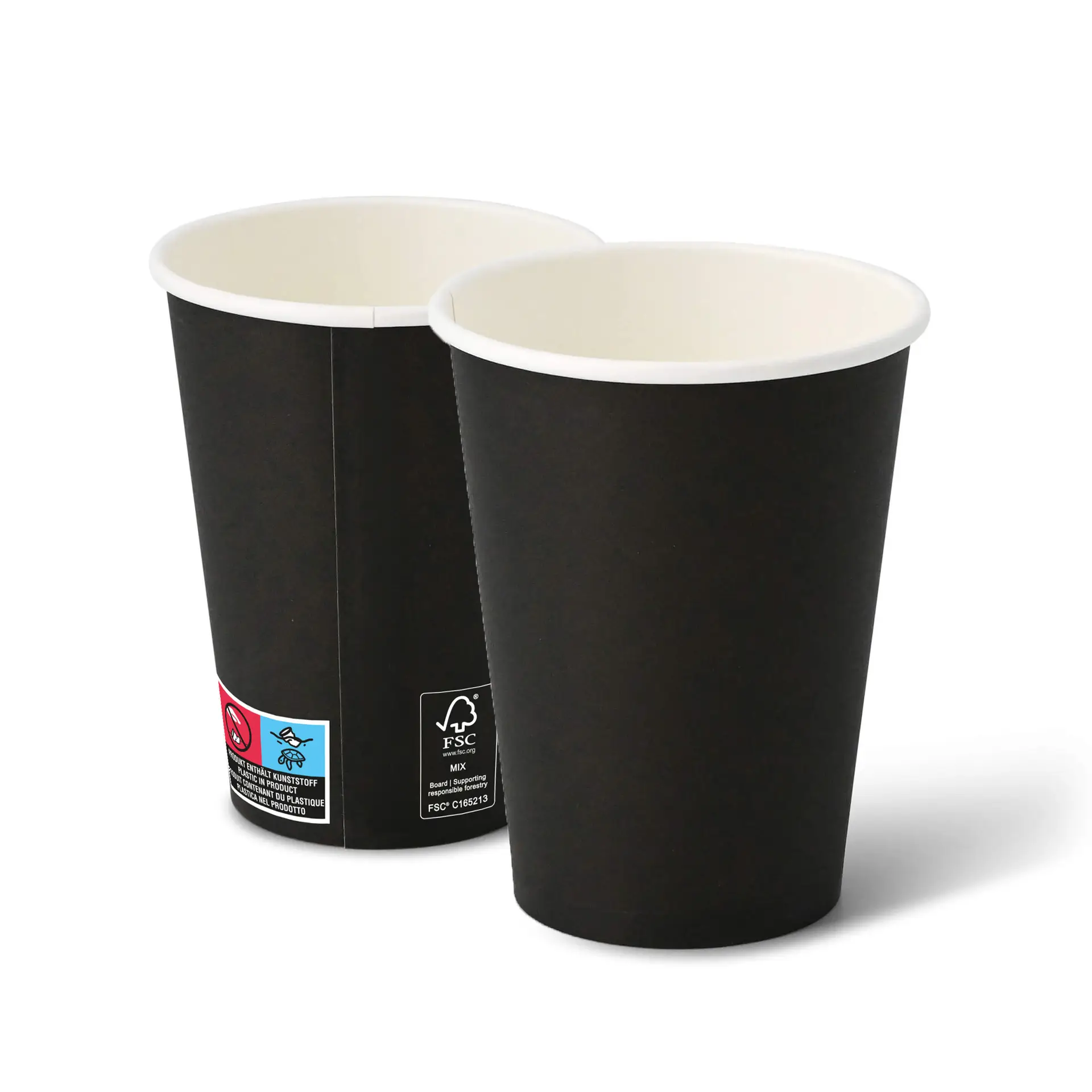 Black cardboard paper cups, 12 oz capacity, round shape, with white interior and visible labels on the side.