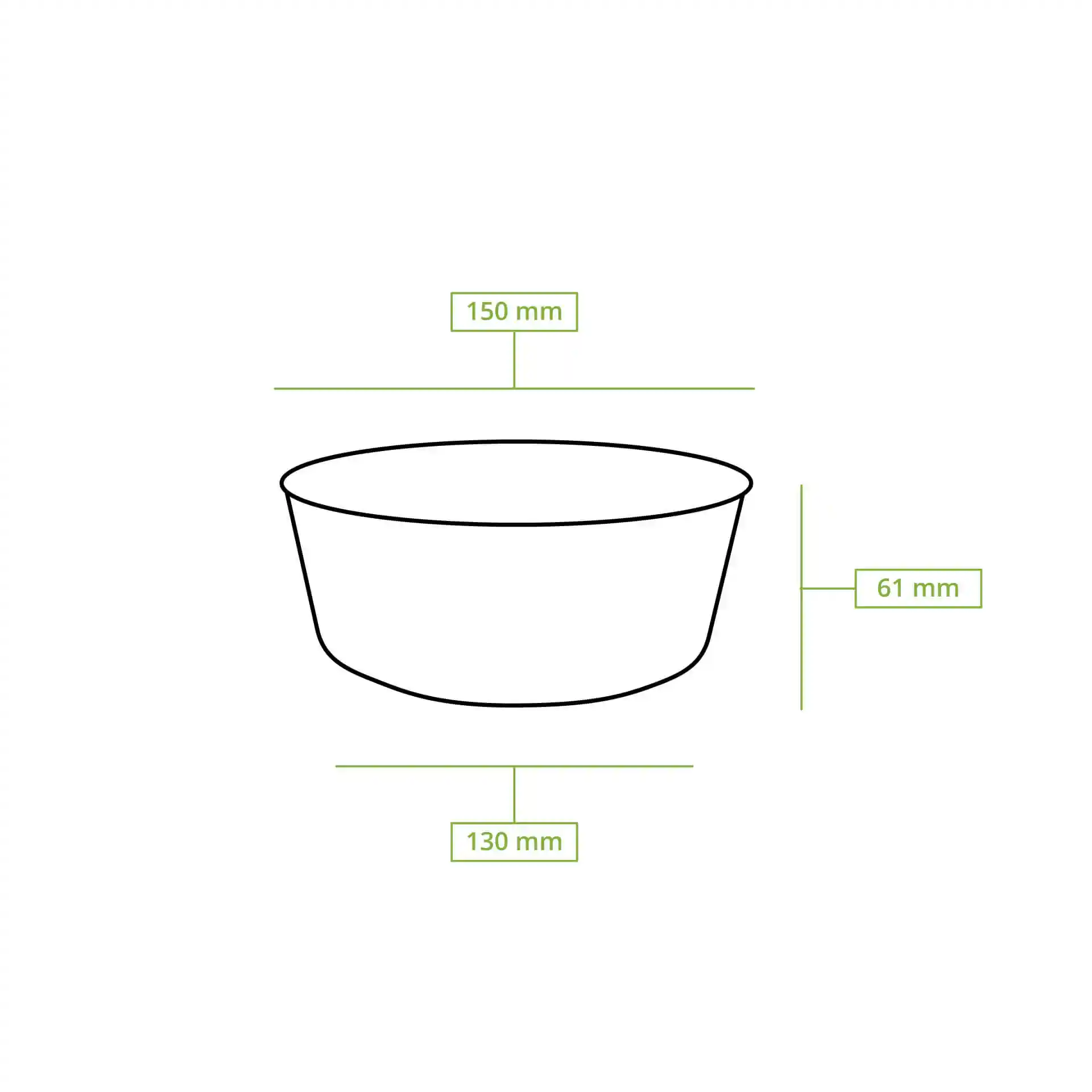 Schematic drawing of a round paper bowl with dimensions: top diameter 150 mm, bottom diameter 130 mm, height 61 mm.