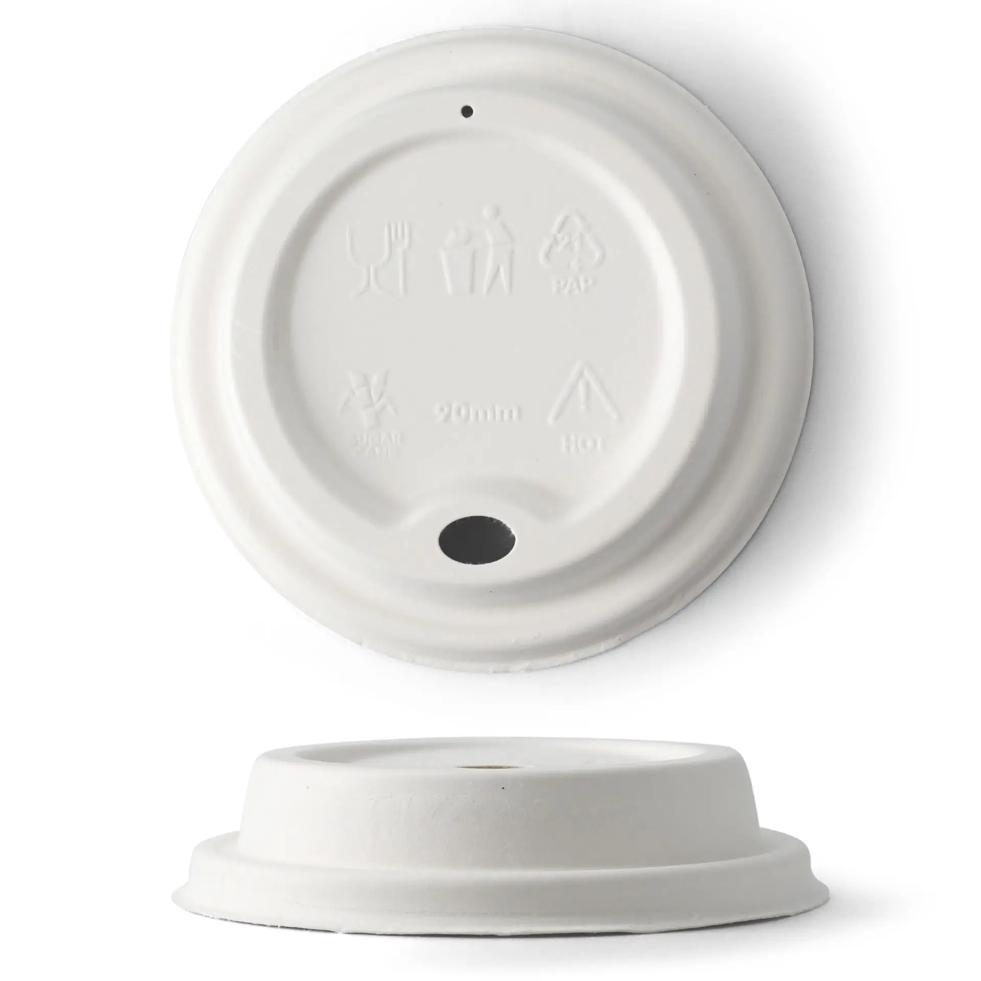 White sugarcane lid for paper cups measuring 90 mm, featuring a drinking opening and marked for hot and cold drinks.