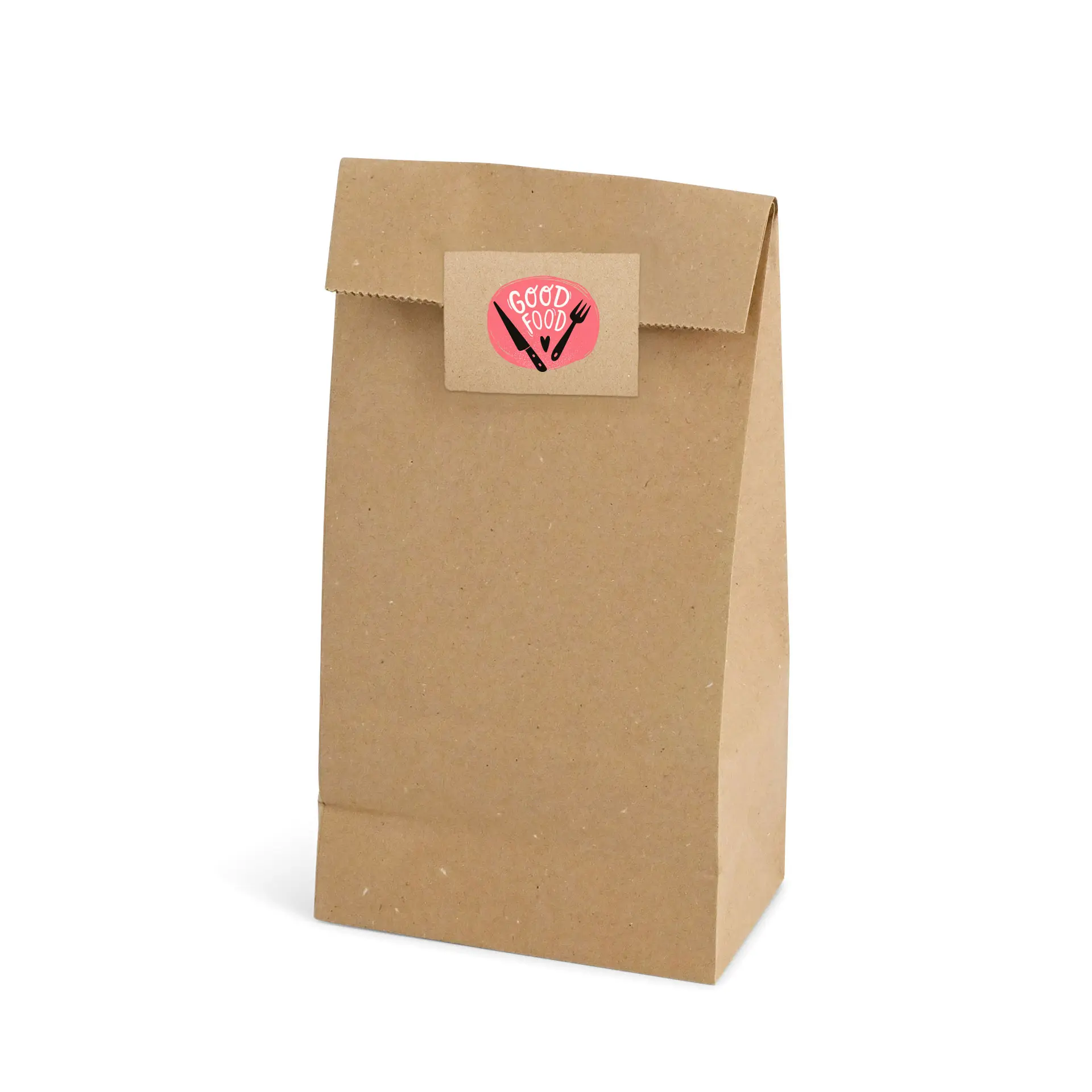 Kraft paper bag with a flap, featuring a round label that reads "Good Food" with utensils graphic.