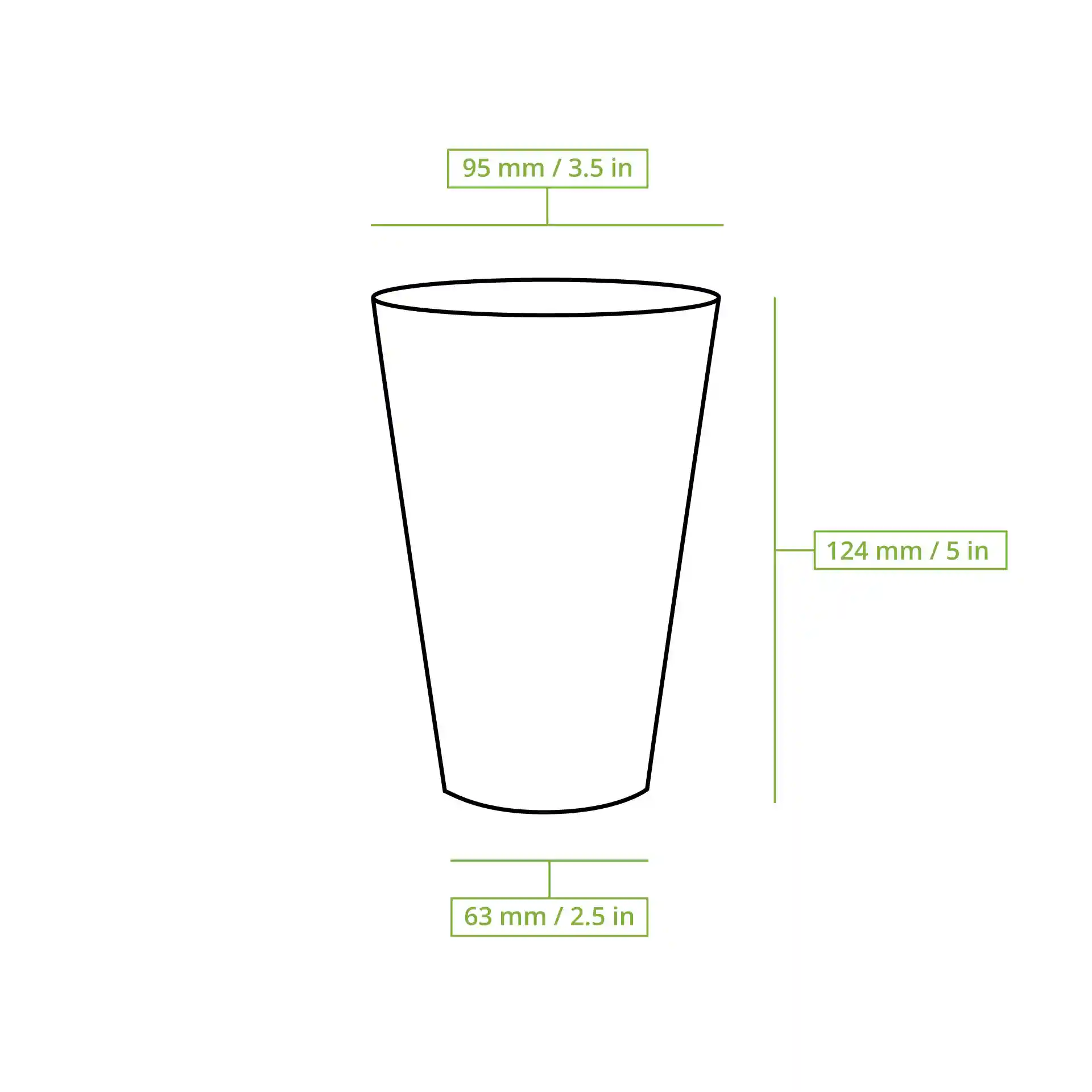 Schematic drawing of a cup with dimension lines showing height of 125 mm, top diameter of 95 mm, and bottom diameter of 63 mm.