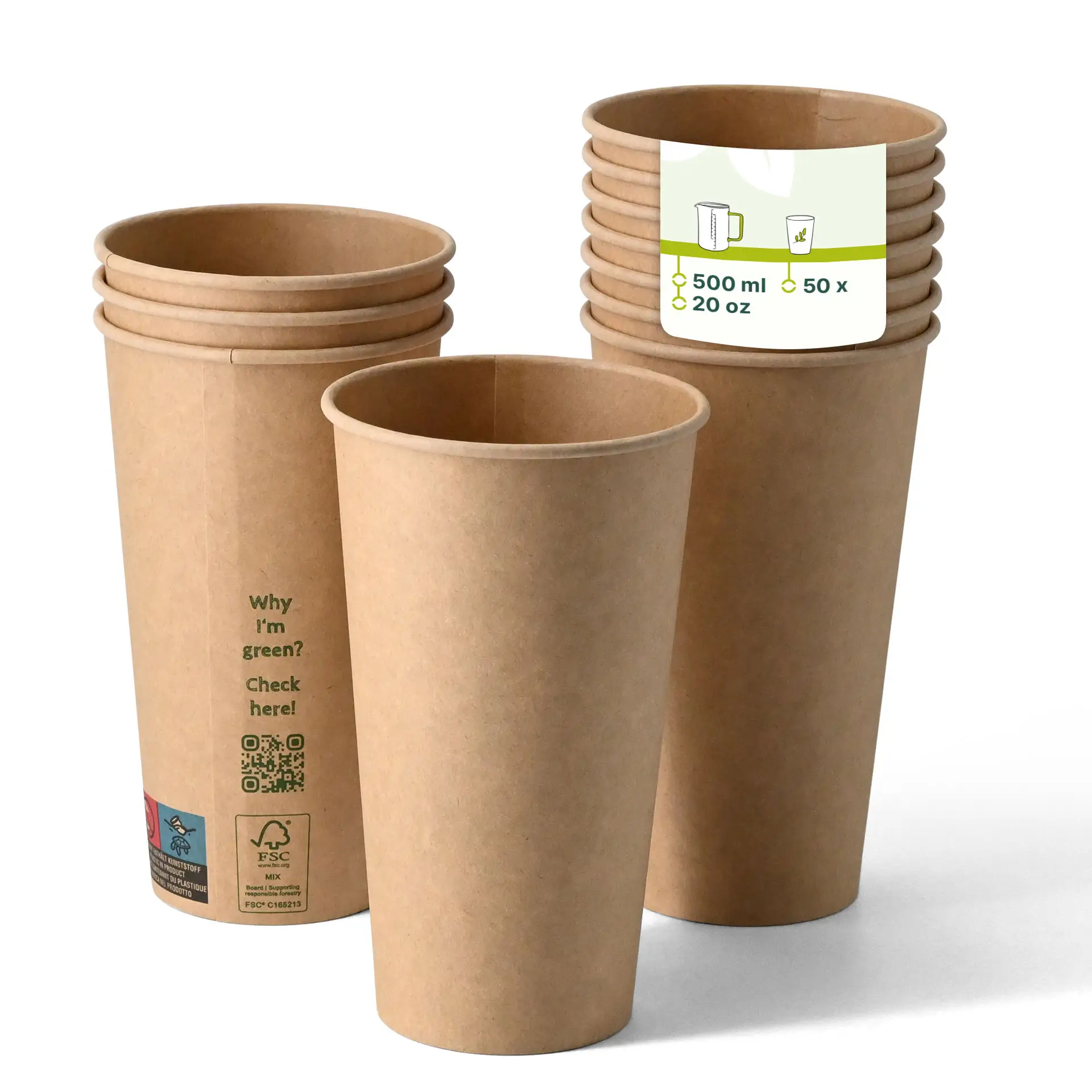 Single-wall brown paper cups with PLA coating, suitable for hot and cold drinks, 500 ml size, stacked.