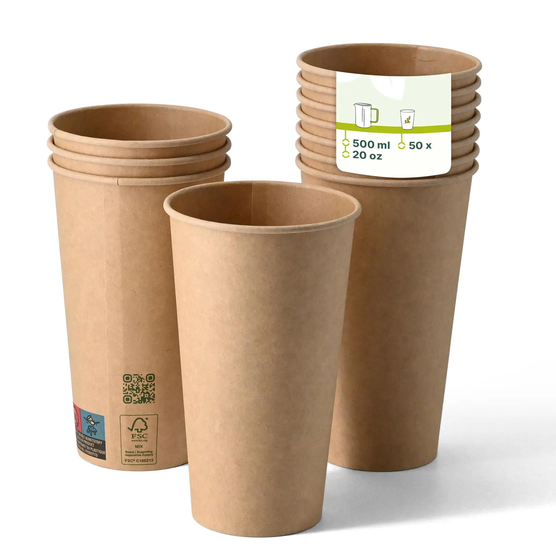 Single-wall brown paper cups with PLA coating, suitable for hot and cold drinks, 500 ml size, stacked.