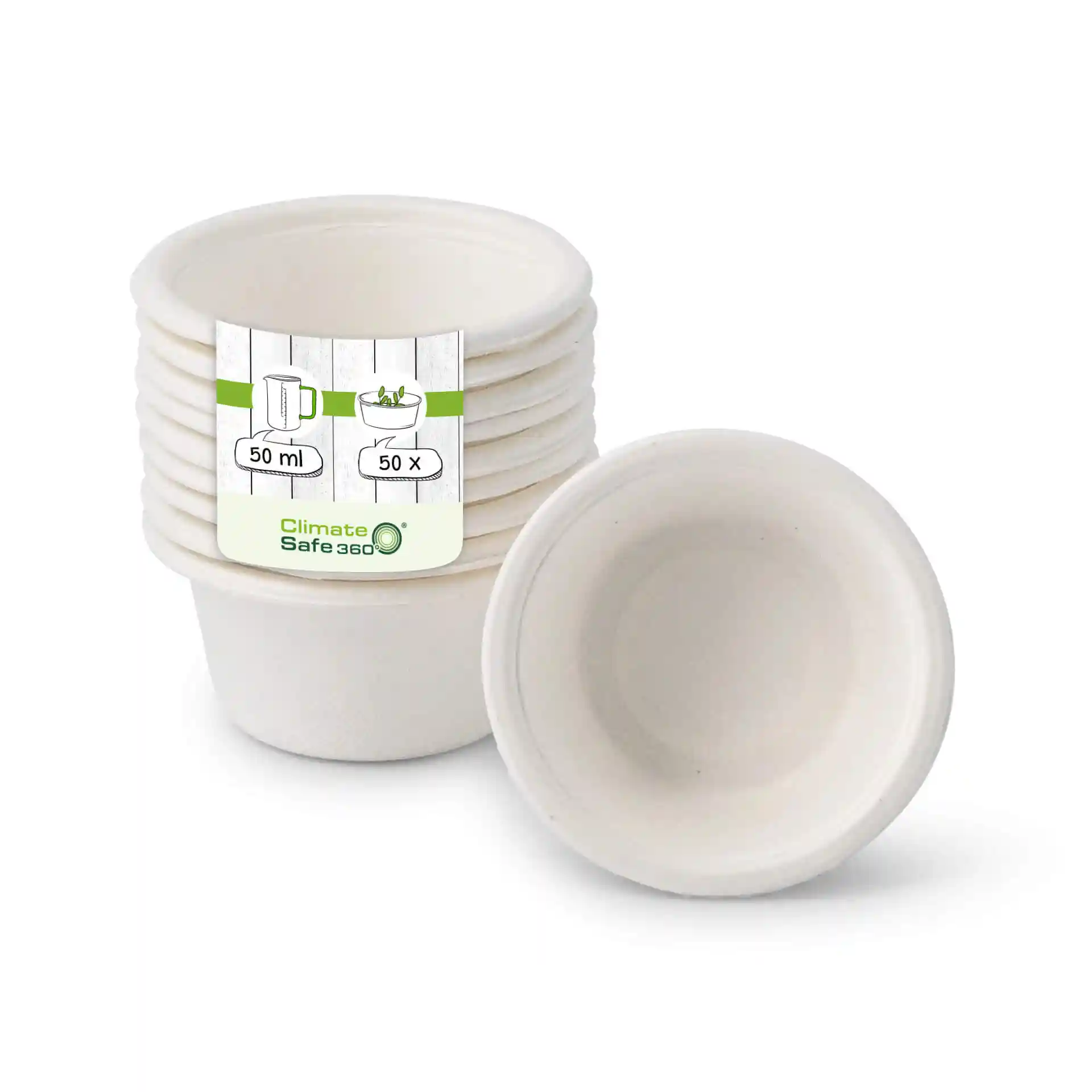 White disposable cups stacked with a label showing a capacity of 50 ml and a quantity of 50 pieces.