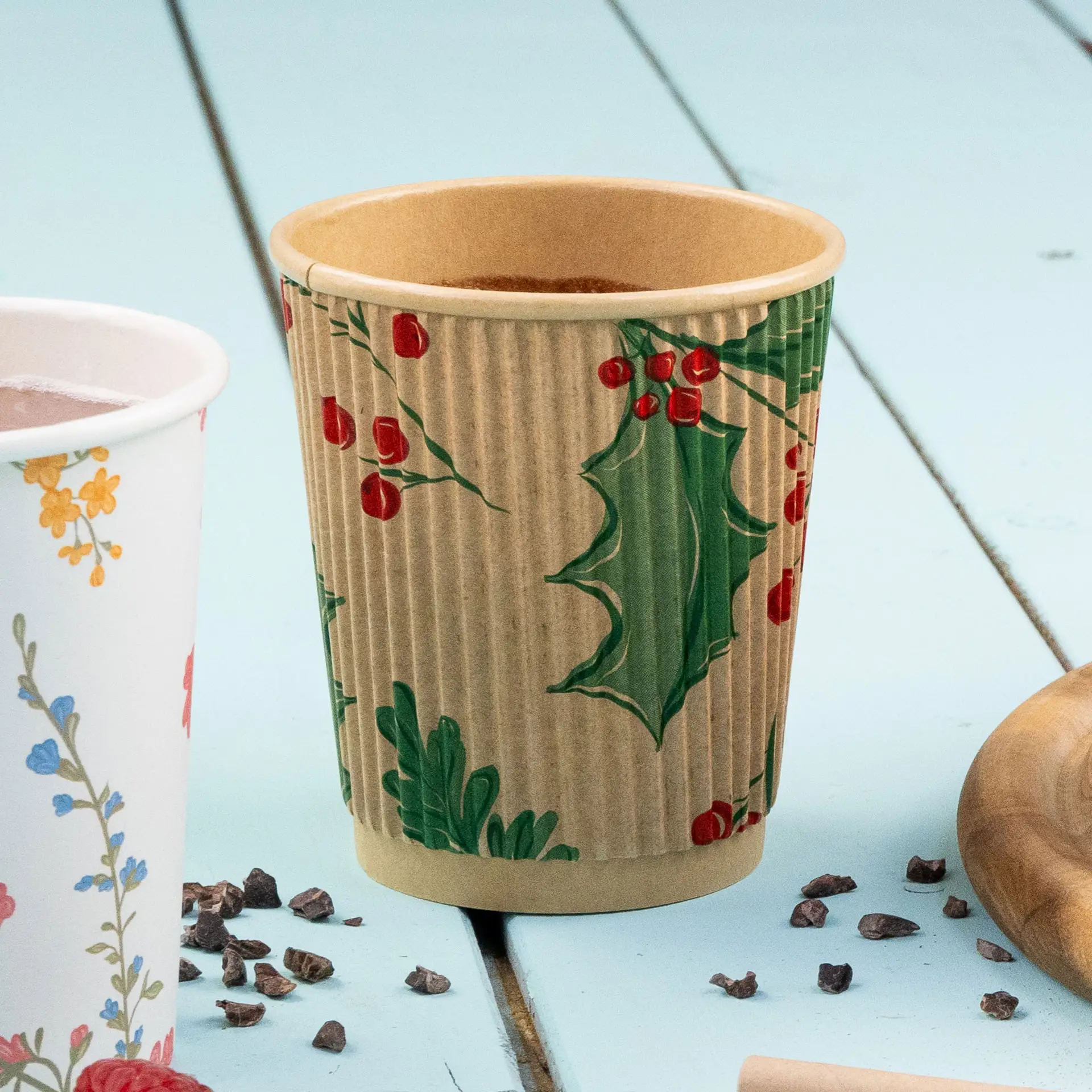 Ribbed cup printed, 200 ml / 8 oz, brown, PLA-coated