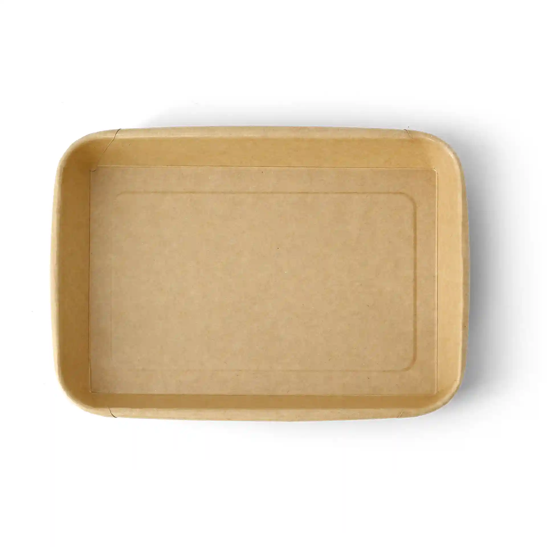 Brown rectangular sushi box, PE-coated, measuring 22 x 14 x 2.5 cm, with a flat base and slightly raised edges.