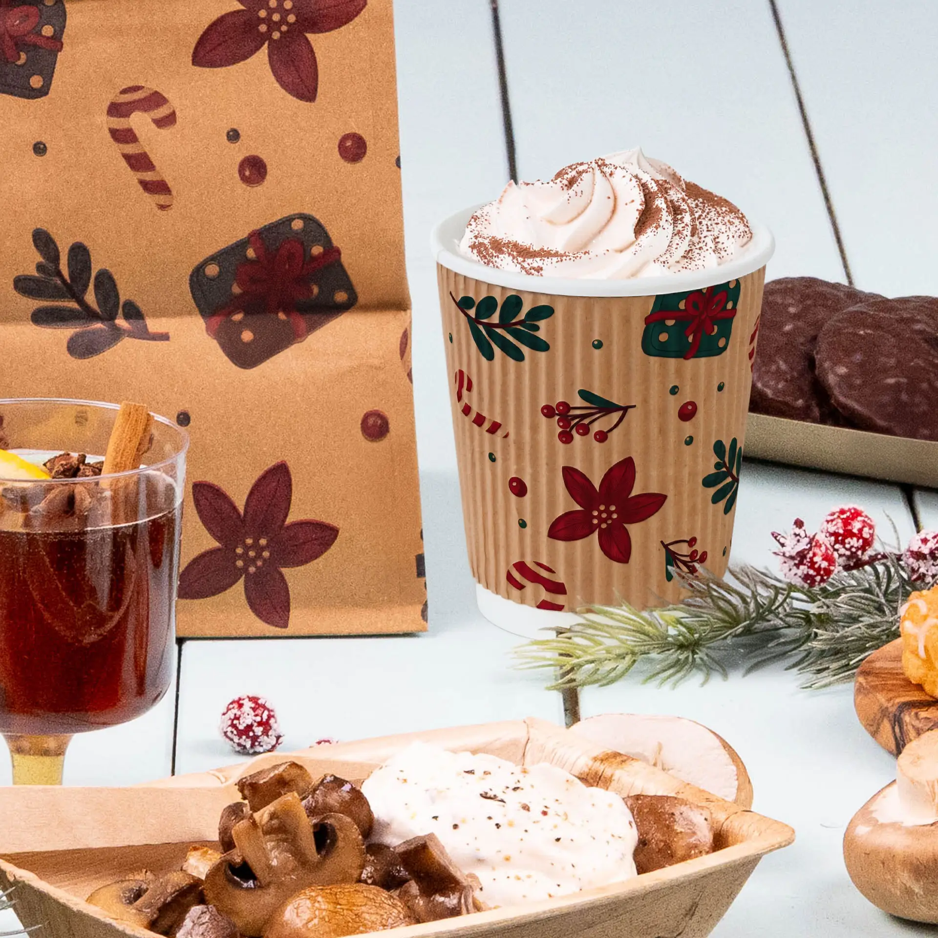 Image of a 200 ml brown ripple cup with a winter design, filled with whipped cream, alongside various festive food items.