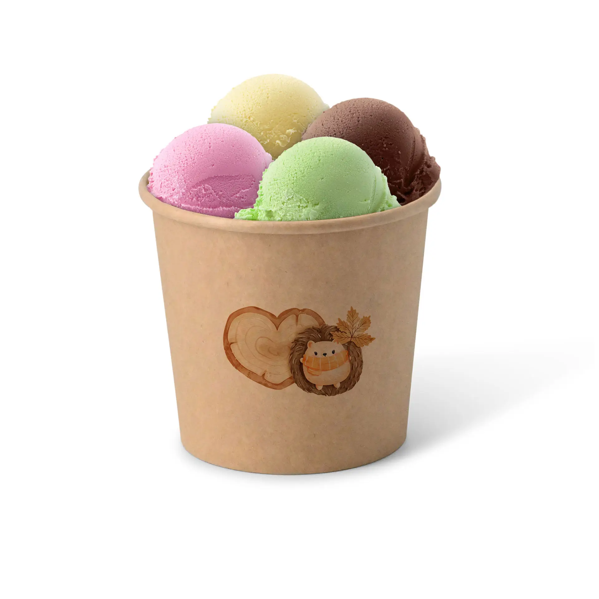 Cup with four scoops of ice cream: chocolate, mint green, pink, and yellow, in a brown ice cream cup with a design.
