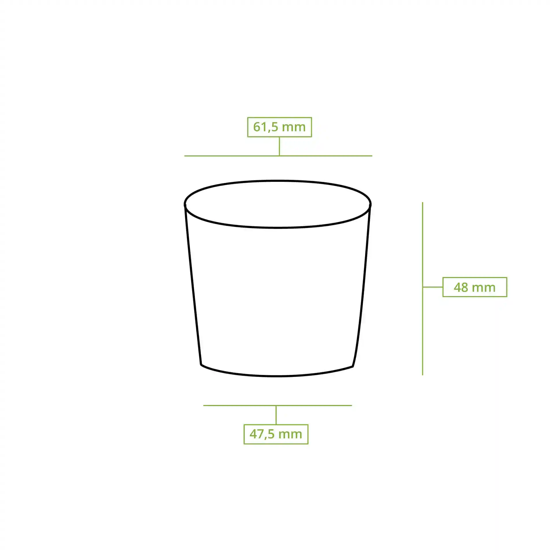 Schematic drawing of a paper portion cup with dimensions: height 47 mm, top diameter 62 mm, bottom diameter 47 mm.