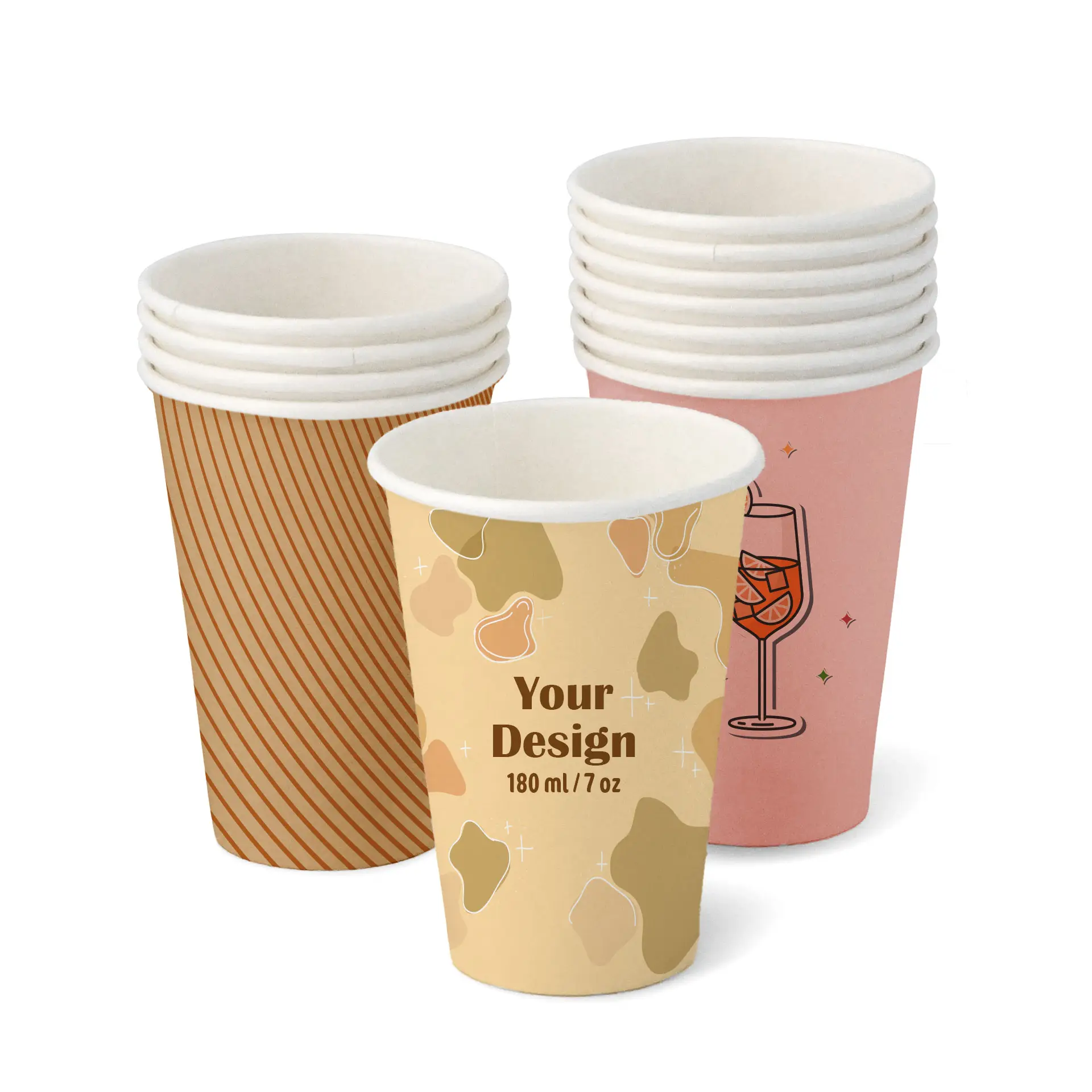 One printed paper cup with a custom design; several similar cups stacked behind, including a striped and a pink cup.