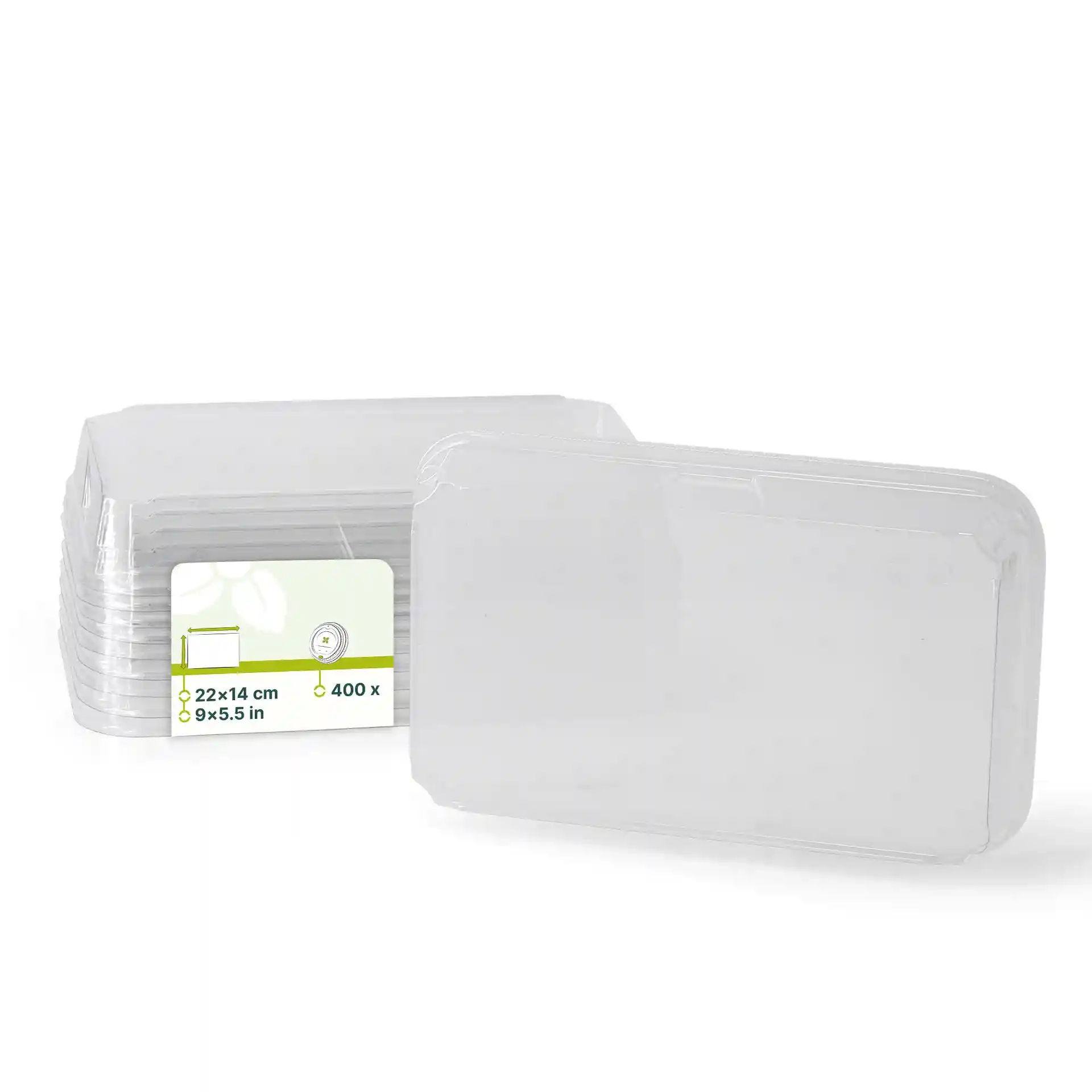 Transparent PET lids for sushi boxes, measuring 22 x 14 cm, stacked with a label showing dimensions and quantity.