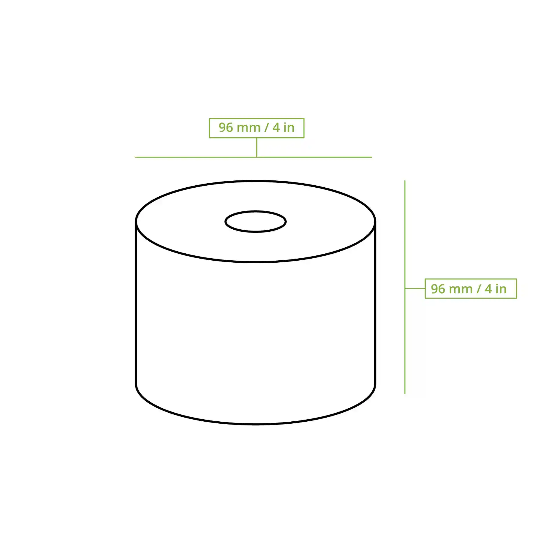 Schematic drawing of a cylindrical object with a central hole, dimensions labeled as 96 mm / 4 in.