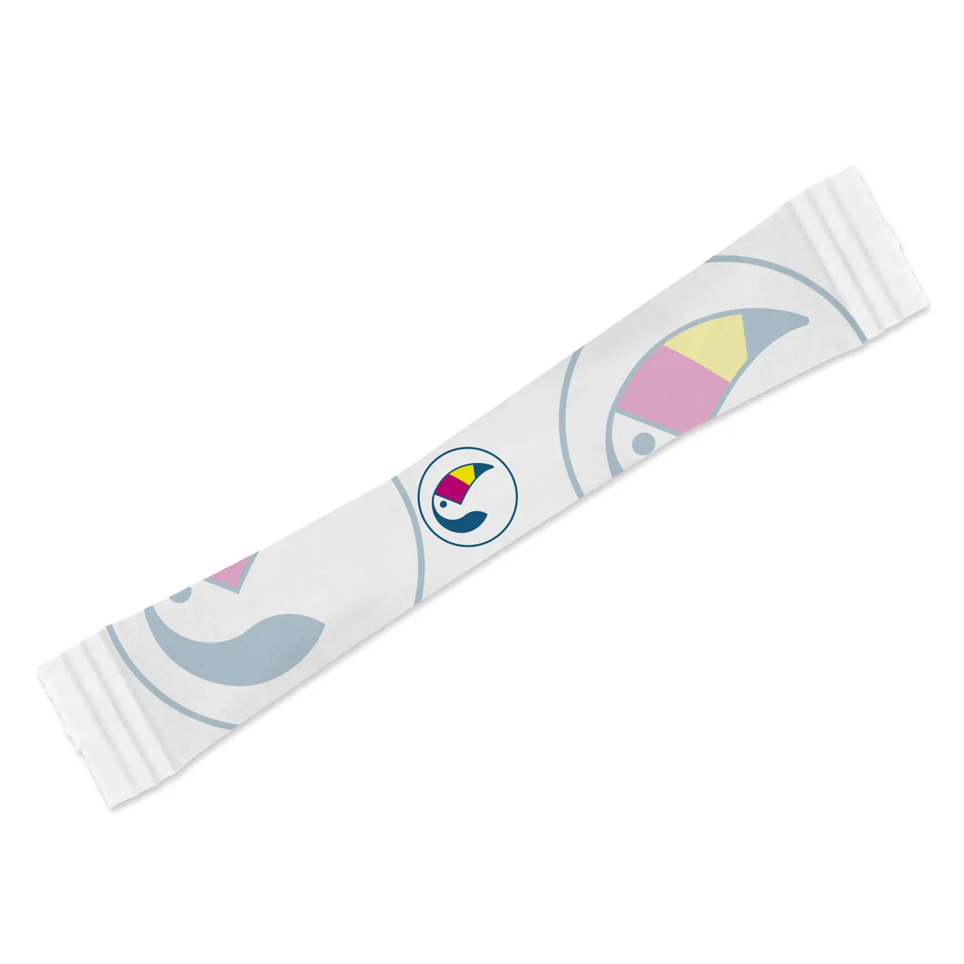 Custom-printed sugar stick with logo, featuring colorful design elements on a white wrapper.