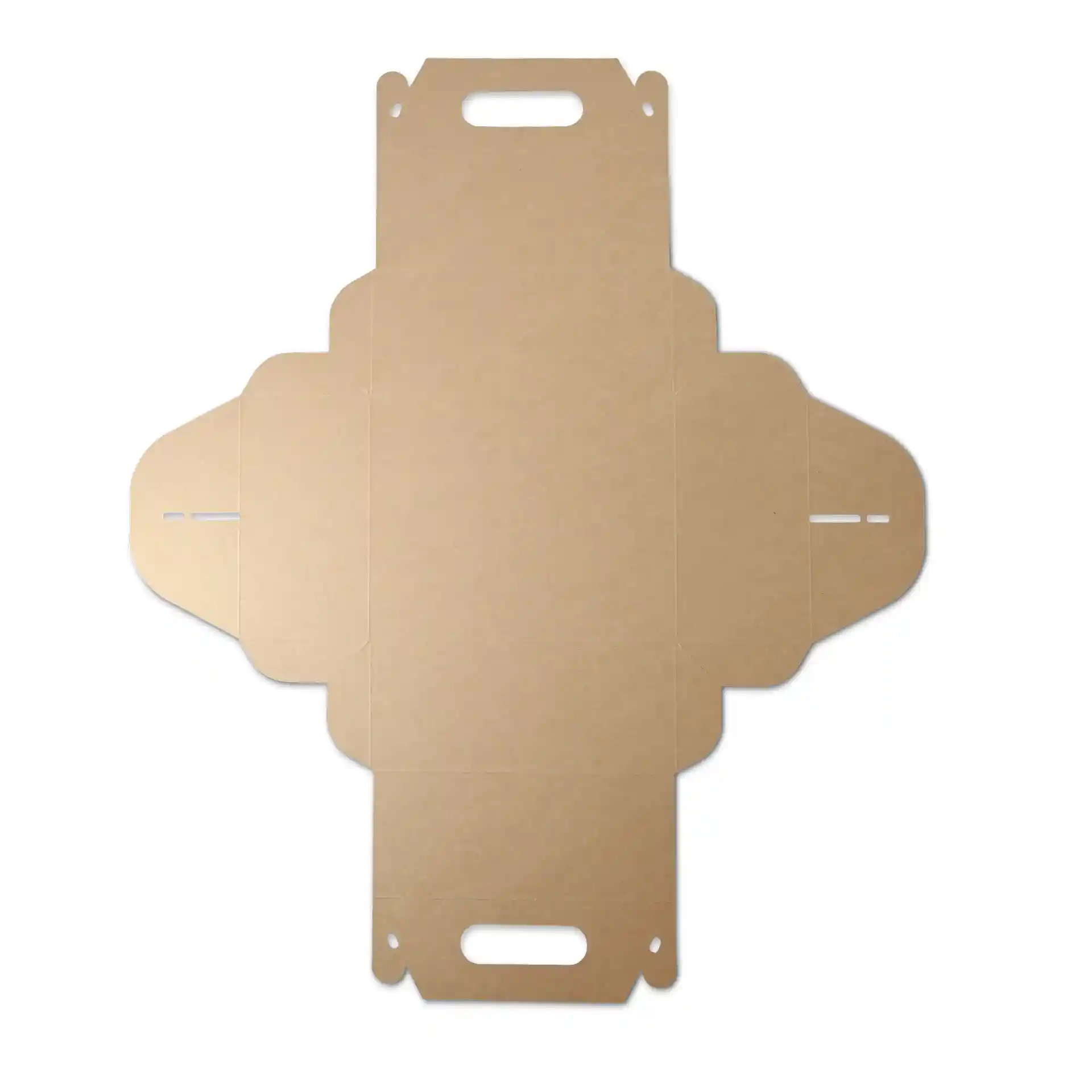 Foldable rectangular cardboard pastry box with handle, brown paperboard, dimensions 21 x 17 x 9 cm.