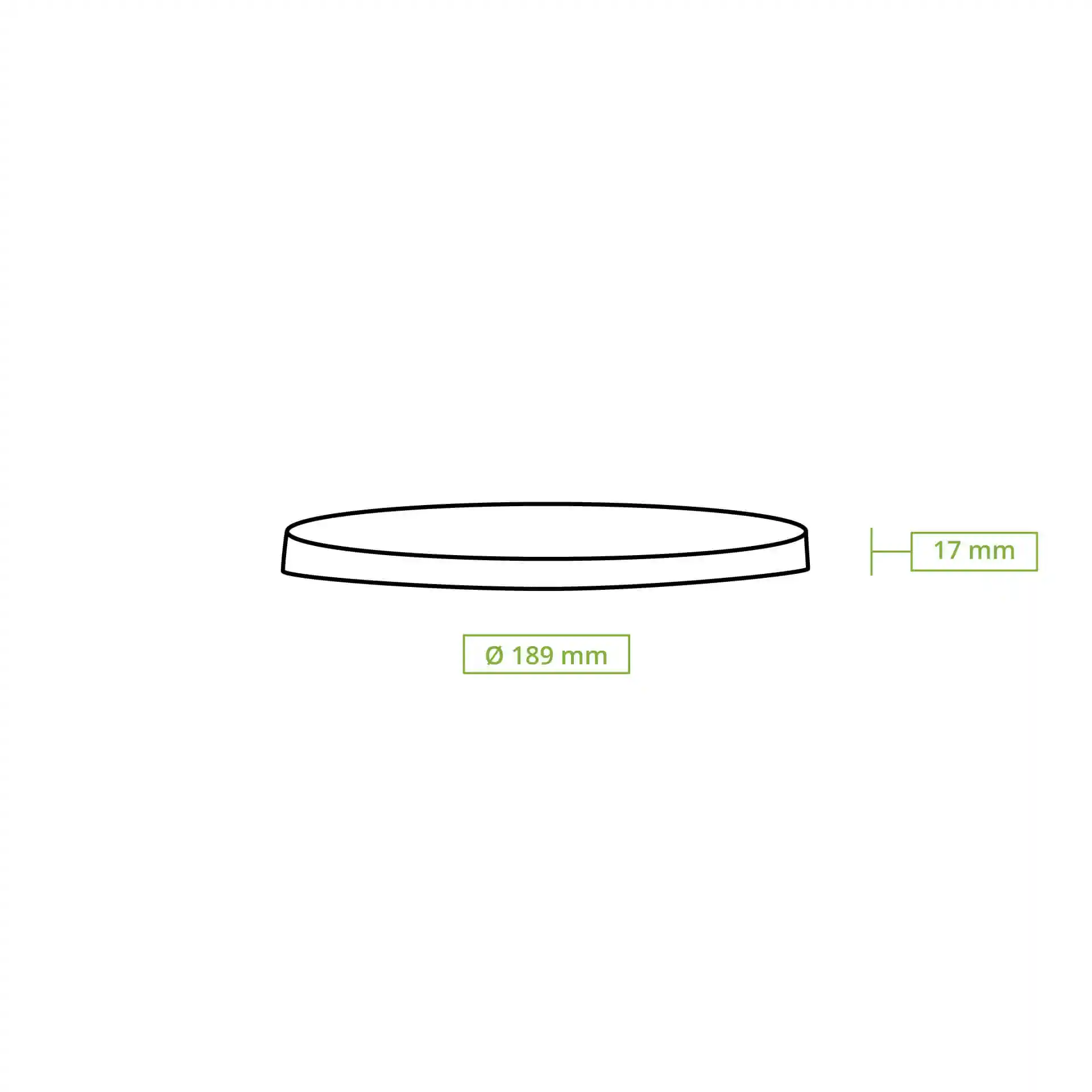 Schematic drawing of a round cup lid with a diameter of 189 mm and a height of 17 mm.