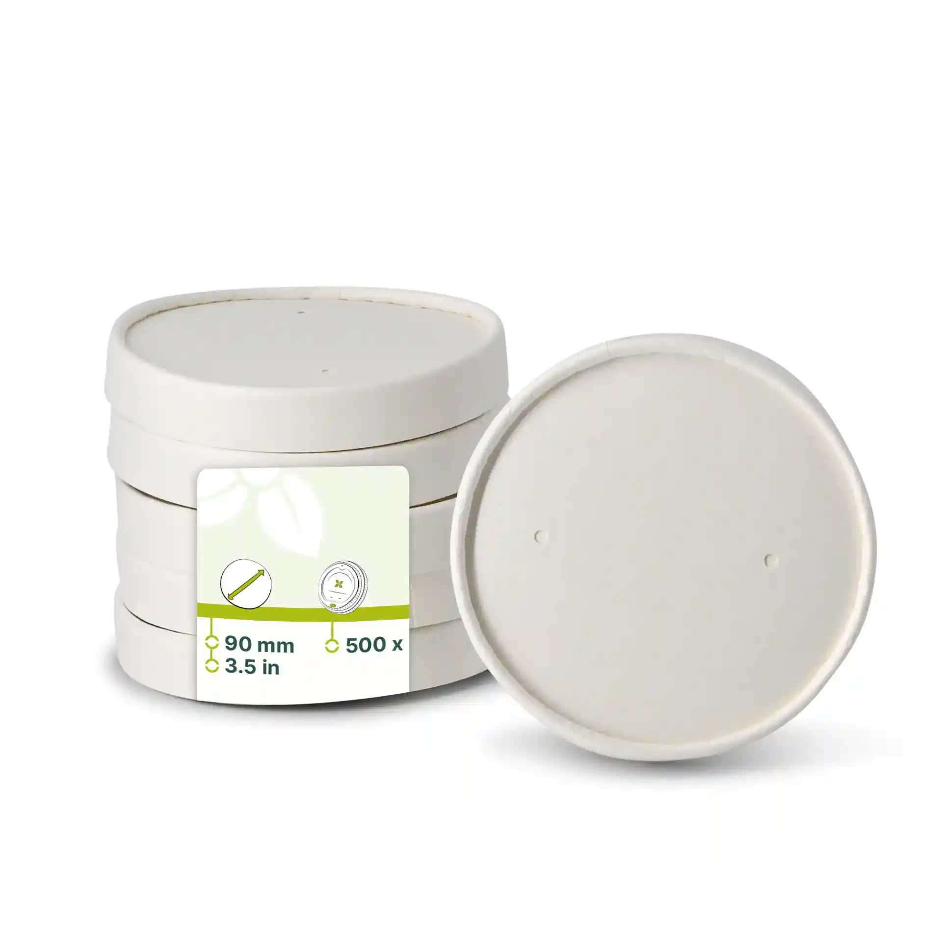Round white cardboard membrane lids, 90 mm diameter, stacked with a label showing dimensions and quantity.