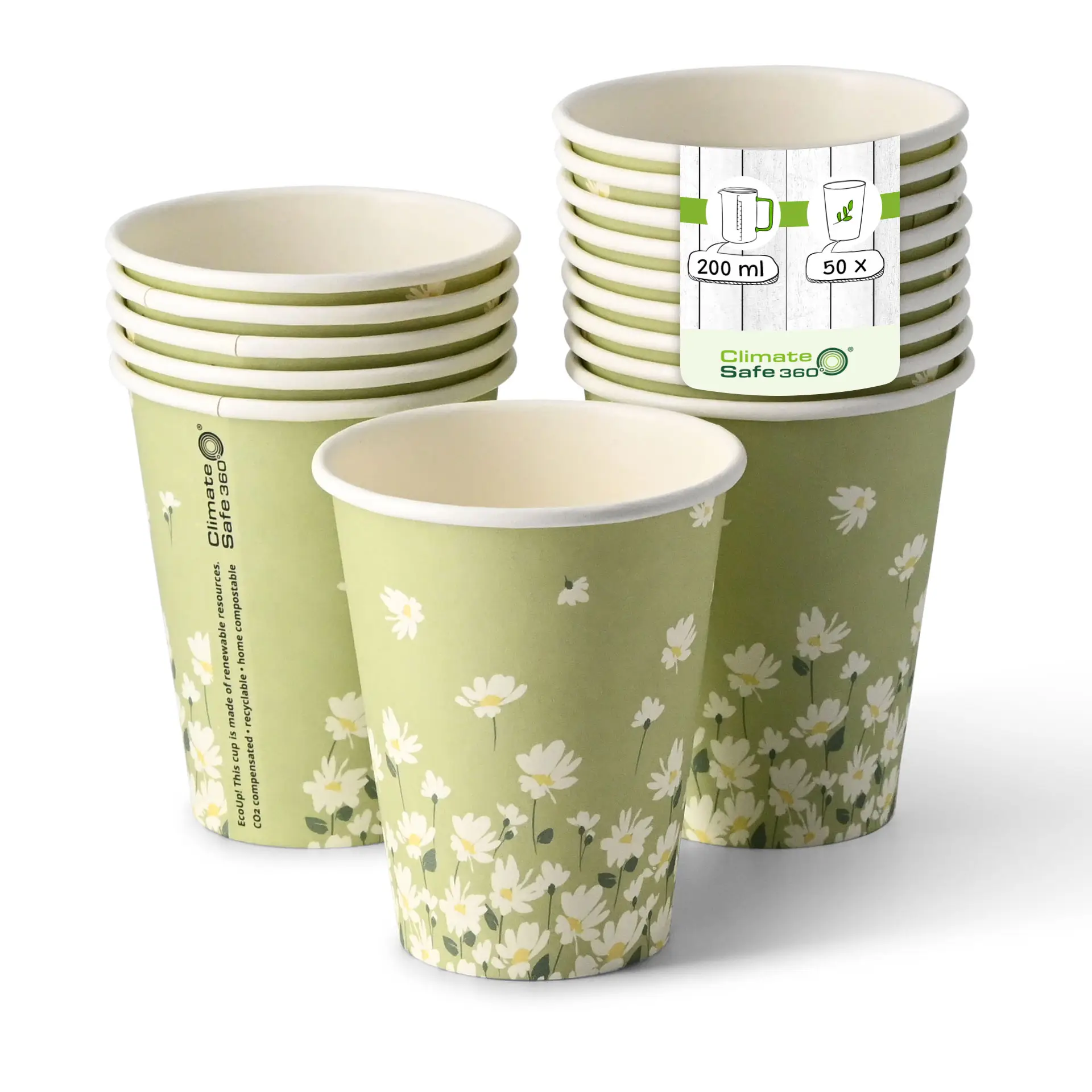 8 oz Paper cups spring 'Daisies' single wall, Ø 80 mm, green dhd041111-pappbecher-fruehling-gaensebluemchen-200-ml-8-oz-80-mm-gruen