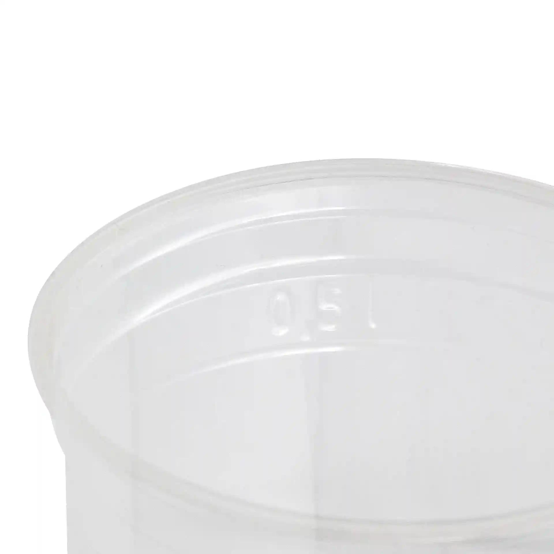 Clear plastic cup with a visible measurement marking of 150 ml at the rim.