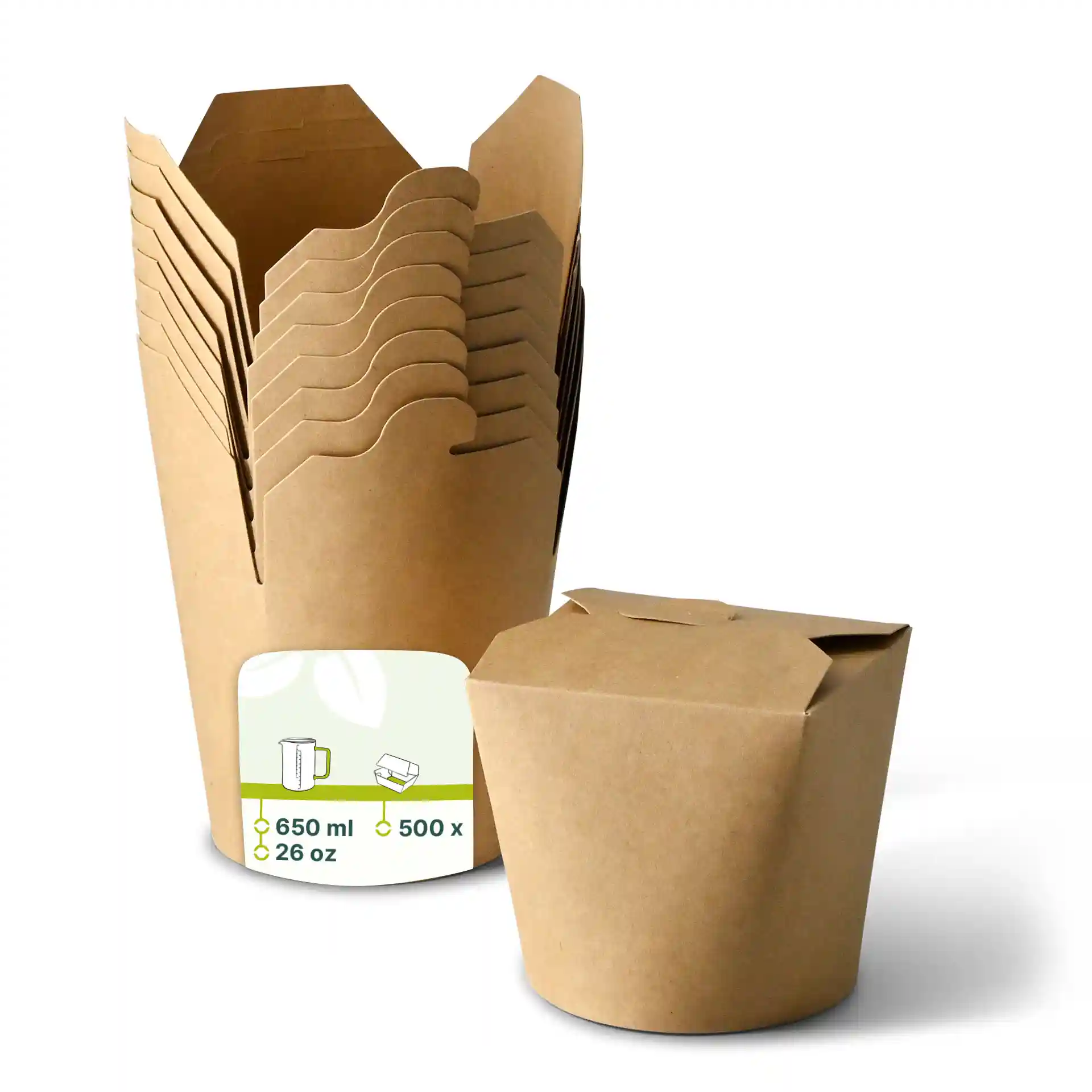 Brown cardboard noodle boxes stacked in a cone shape, with one box in front, holding 650 ml.