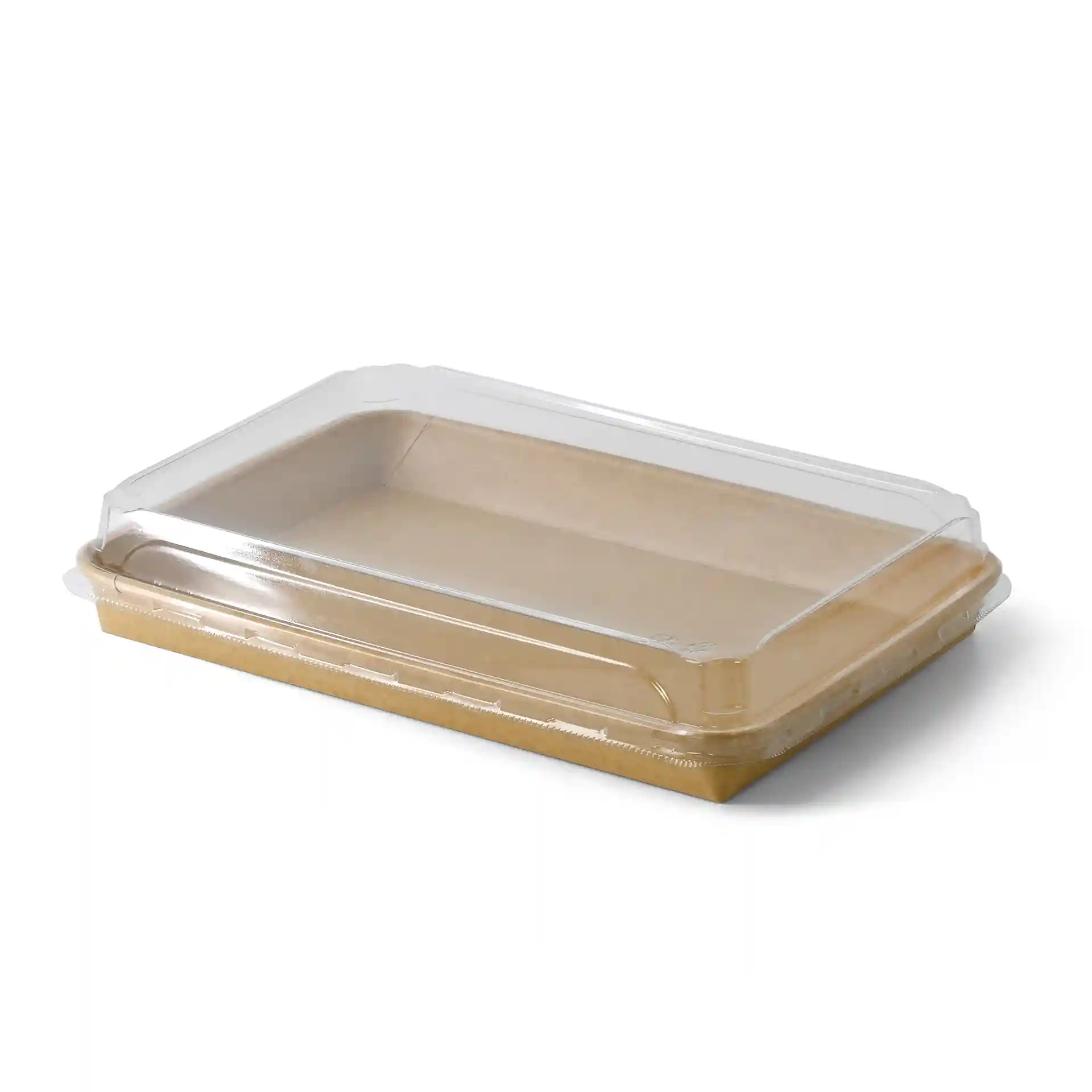 Transparent PET lid for sushi boxes, measuring 25.5 x 18 cm, with a height of 3.5 cm.