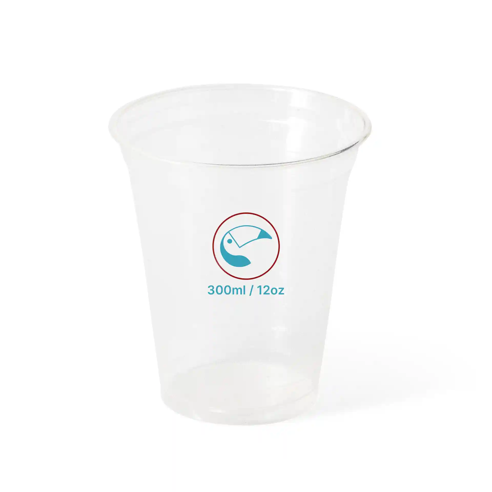 Clear plastic cup with a capacity of 300 ml, featuring a printed label with a symbol and volume markings.