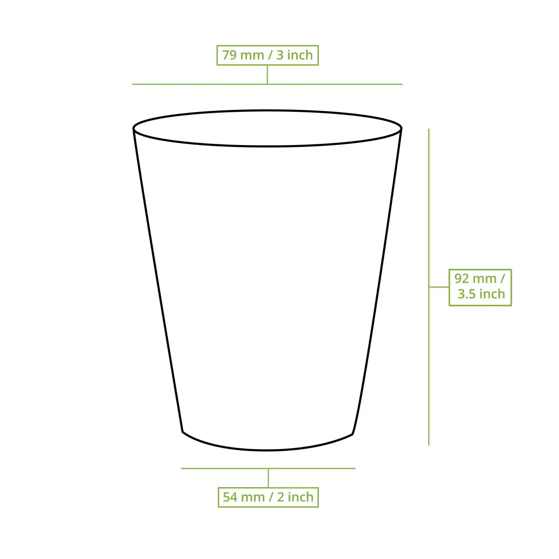 Schematic drawing of a reusable coffee cup with dimensions: 79 mm top diameter, 92 mm height, 54 mm bottom diameter.