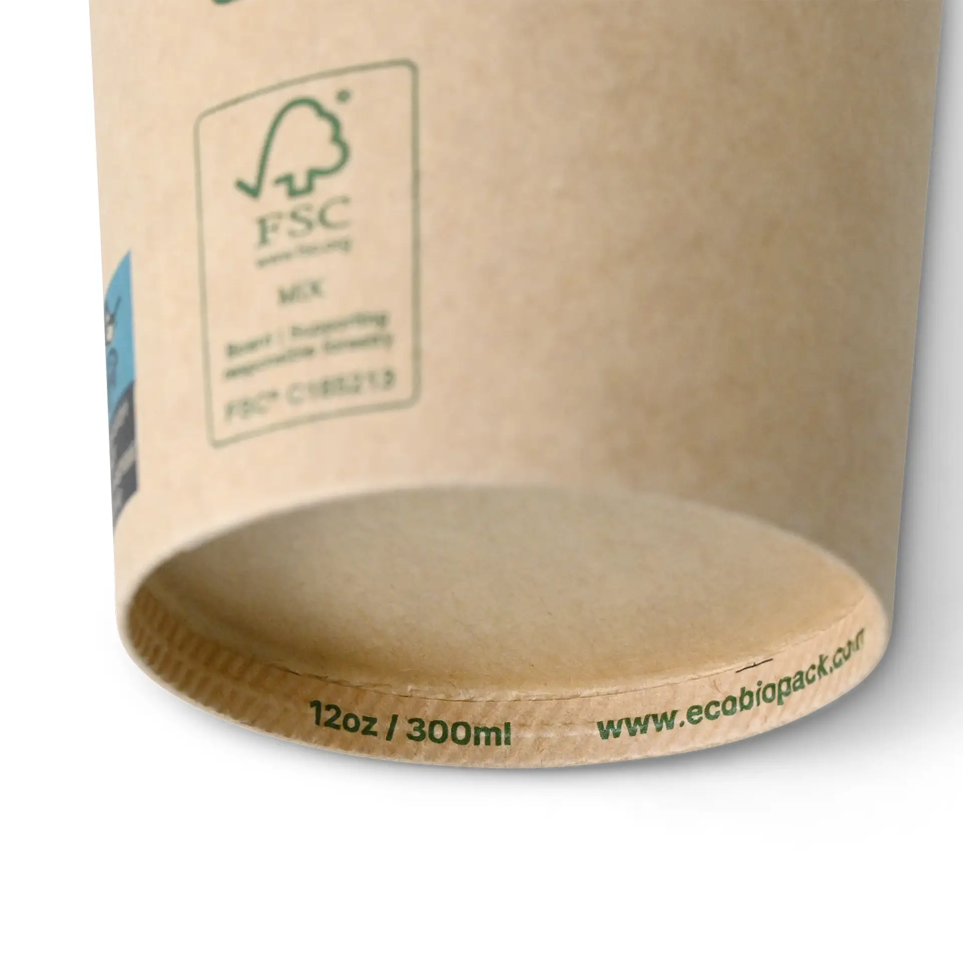 One brown single-wall paper cup with a PLA coating, showing a bottom edge with size and website details.