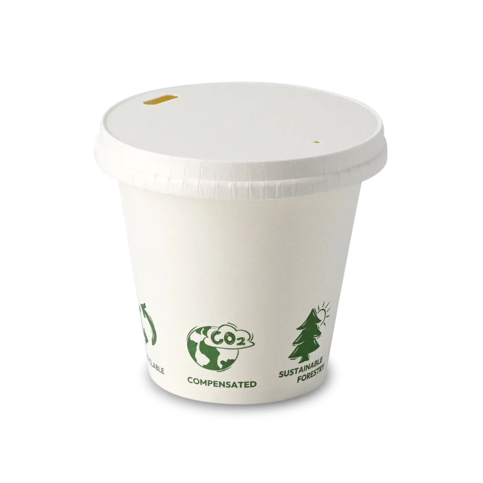 Paper cup 150 ml / 6 oz, Ø 80 mm, “EcoUp©” icons, single wall, white, PLA-coated