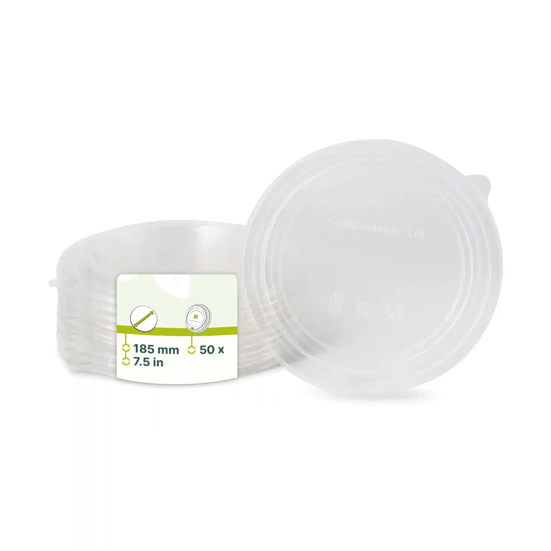 Transparent round cup lids made of PLA, diameter 185 mm, stacked with a label showing dimensions and quantity.