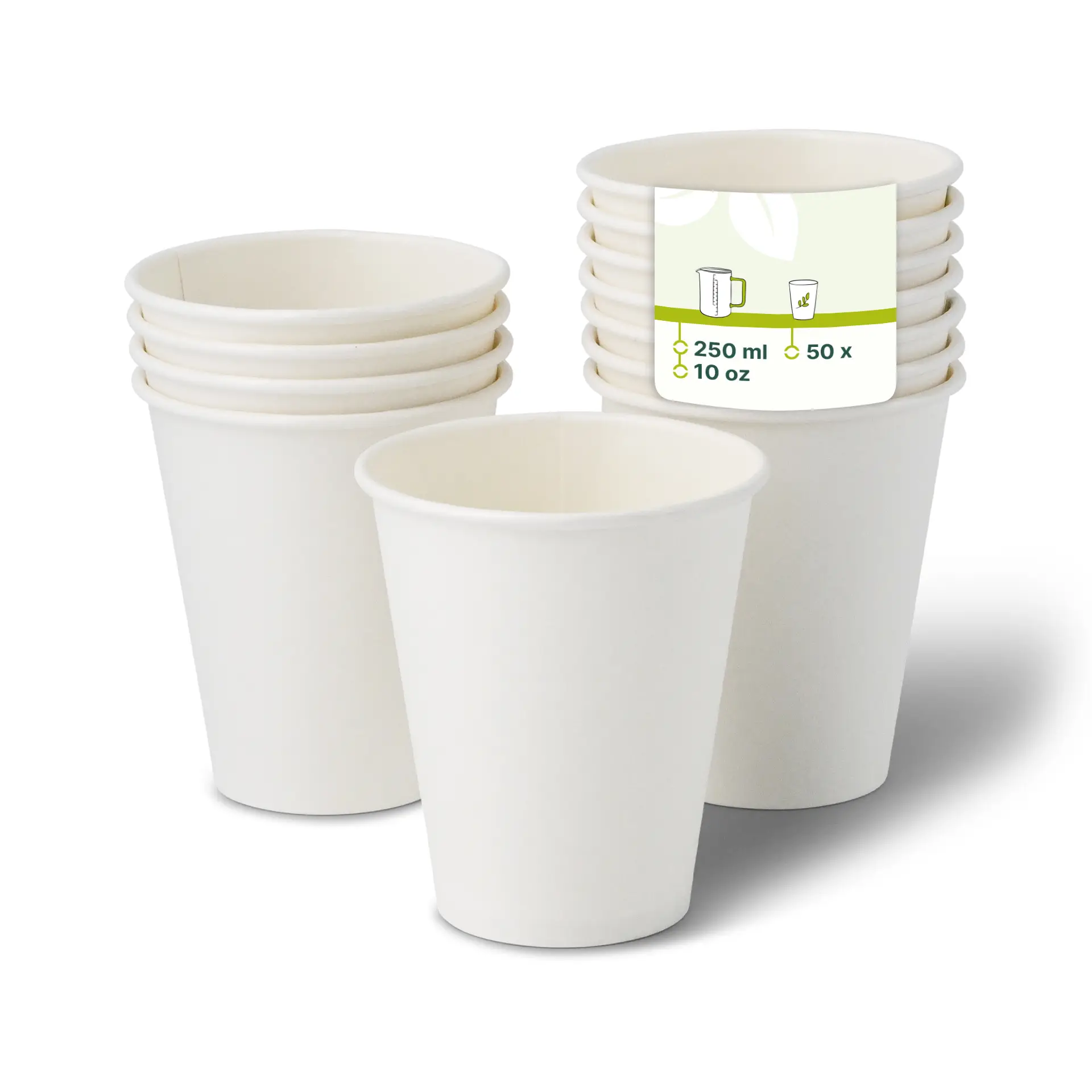 White paper cups stacked, showing a label with details; each cup is 10 oz and made of cardboard.