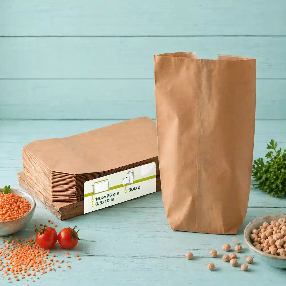 Brown paper bags with a stack of flat bags behind, lentils and cherry tomatoes in bowls, on a blue wooden background.