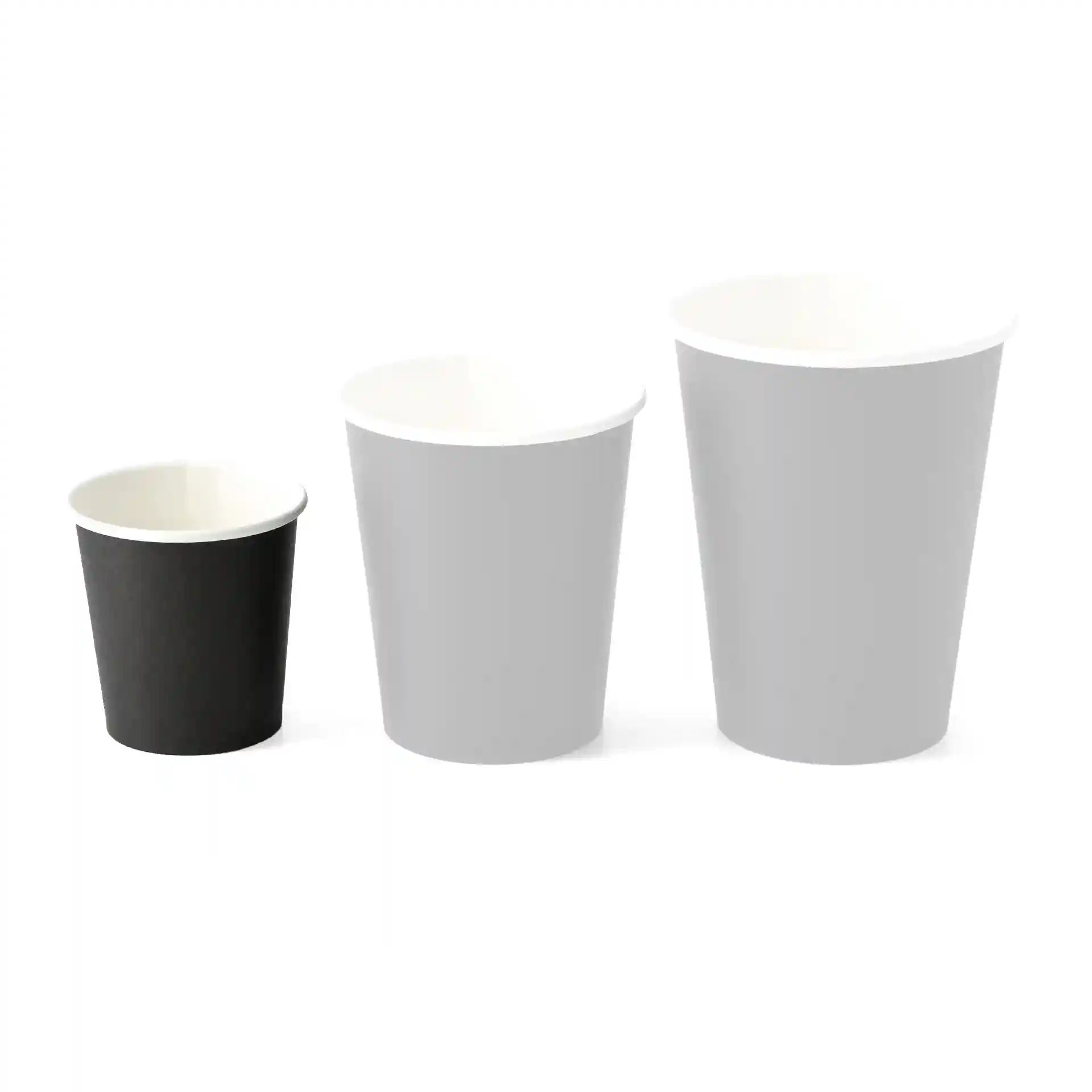 Three paper cups in varying sizes: one black 100 ml cup and two grey cups, all with white interiors.