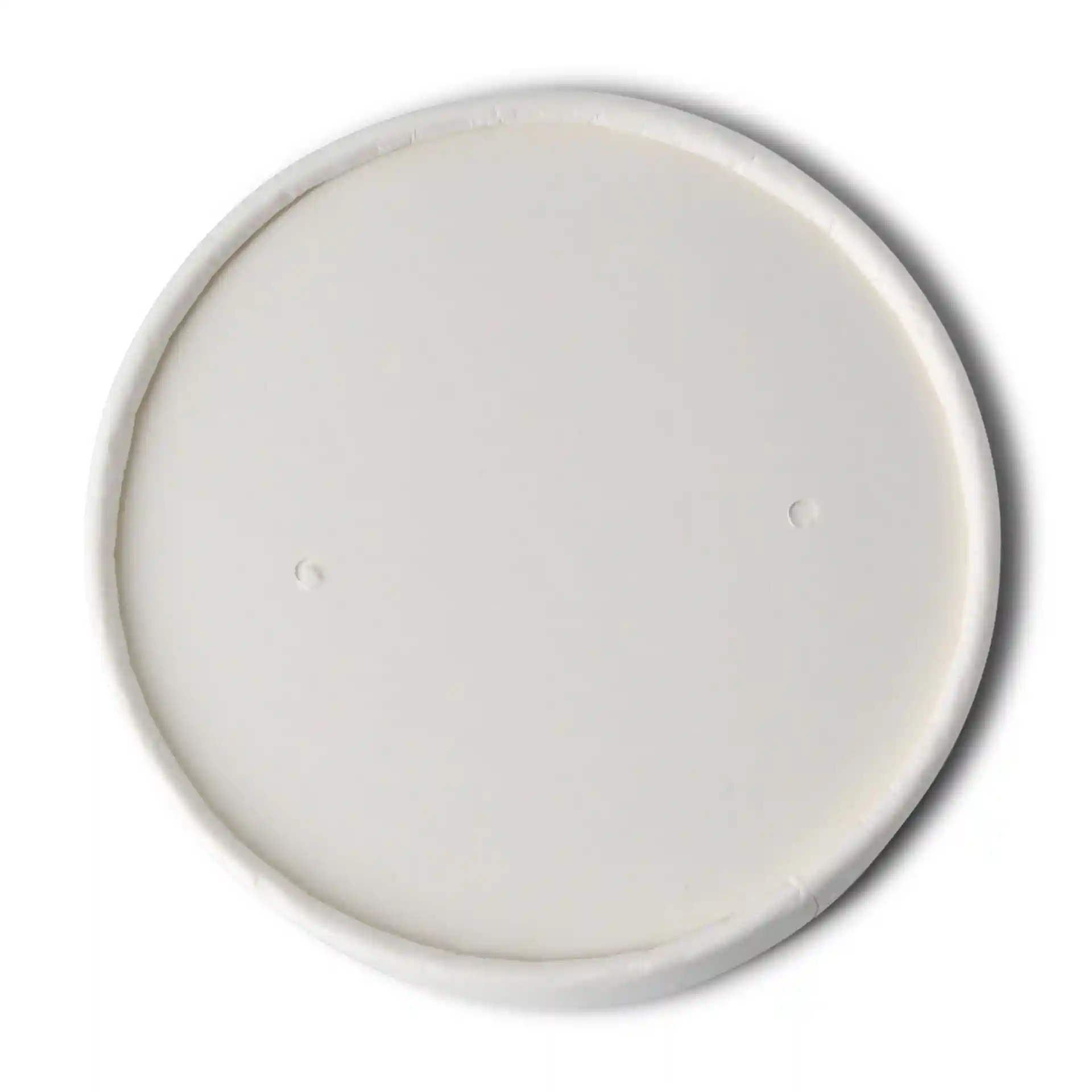 Round white cardboard membrane lid with a diameter of 90 mm, featuring two small holes on the surface.