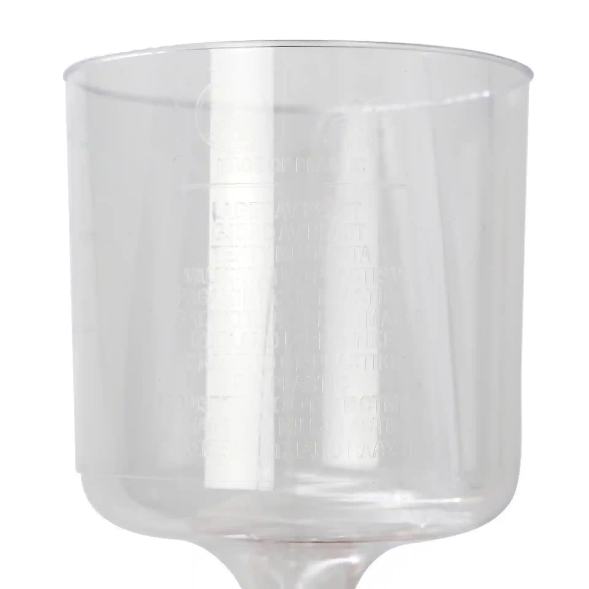 Transparent reusable wine glass with a height of 100 mm and a diameter of 70 mm at the top.