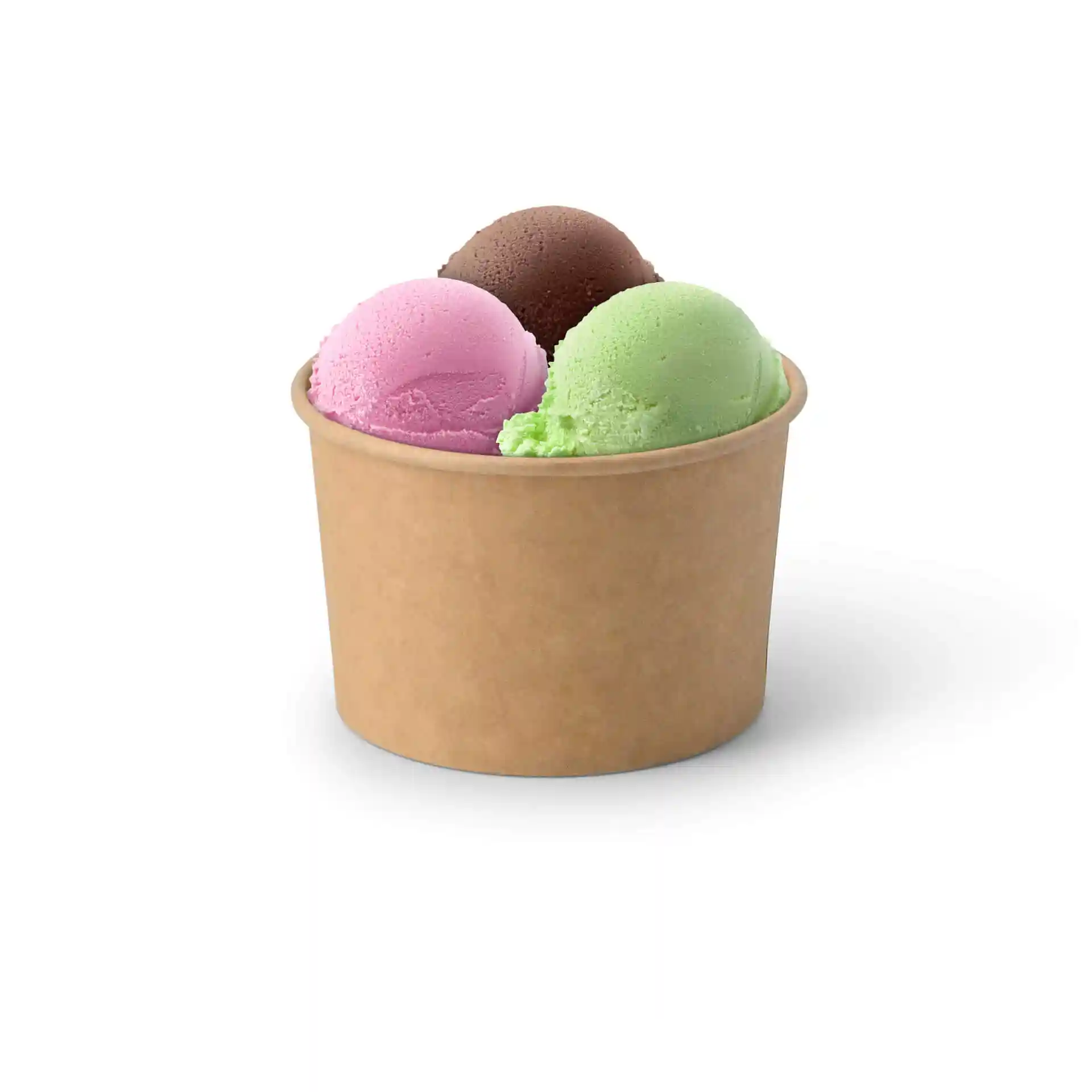 Brown cardboard cup containing three scoops of ice cream: pink, green, and brown.