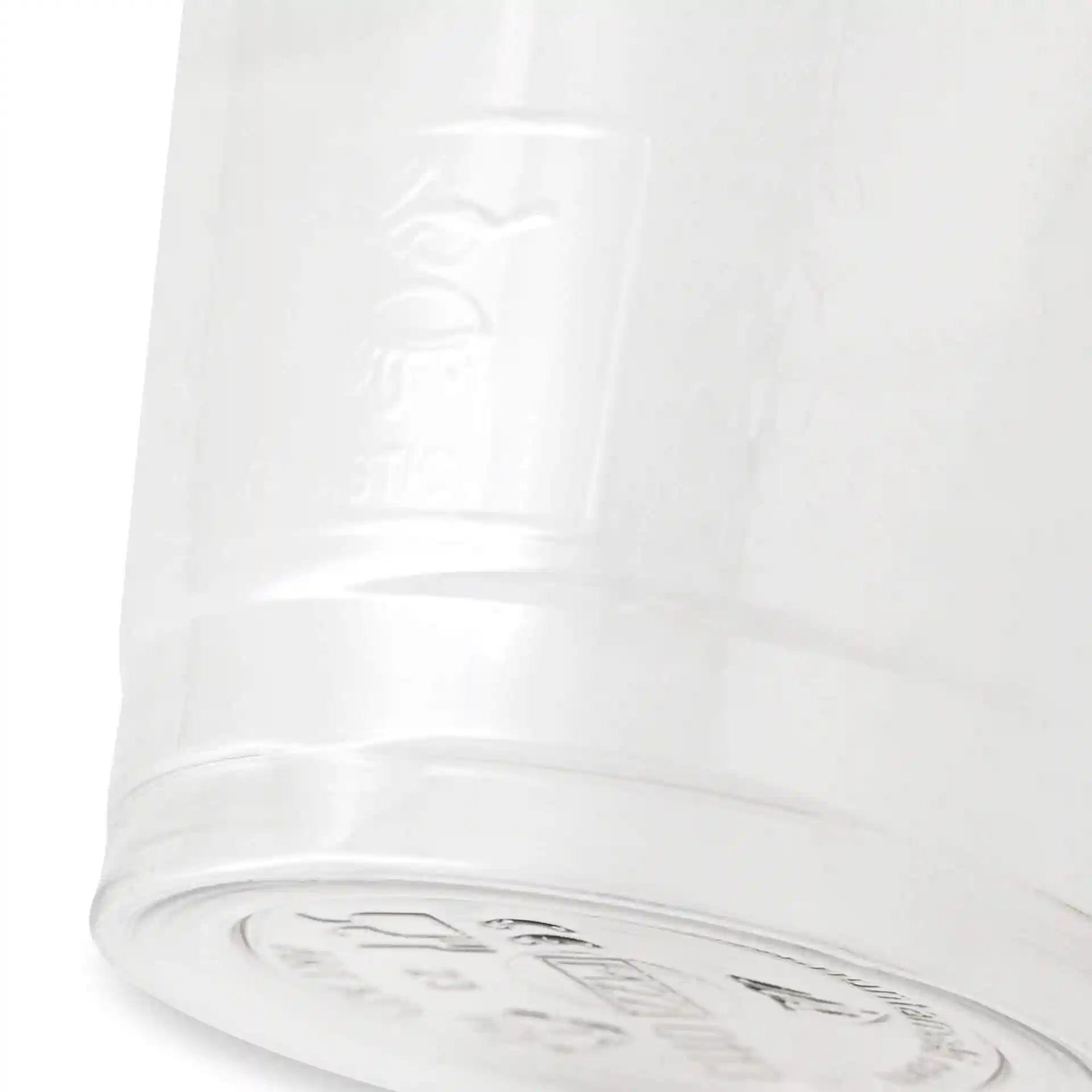 Clear 12 oz rPET cup with a slightly visible base and embossed markings, positioned at an angle.