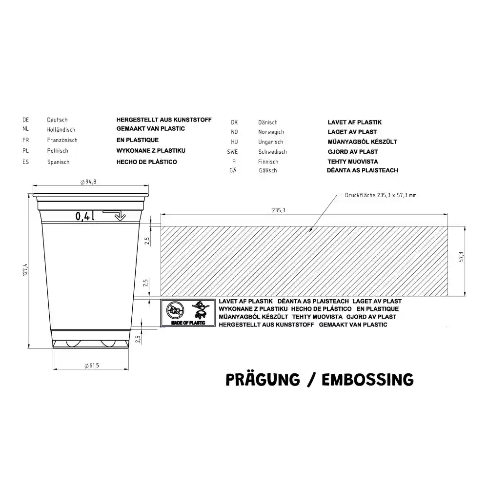 Schematic drawing of a 16 oz plastic cup with dimensions and markings, showing top and side views.