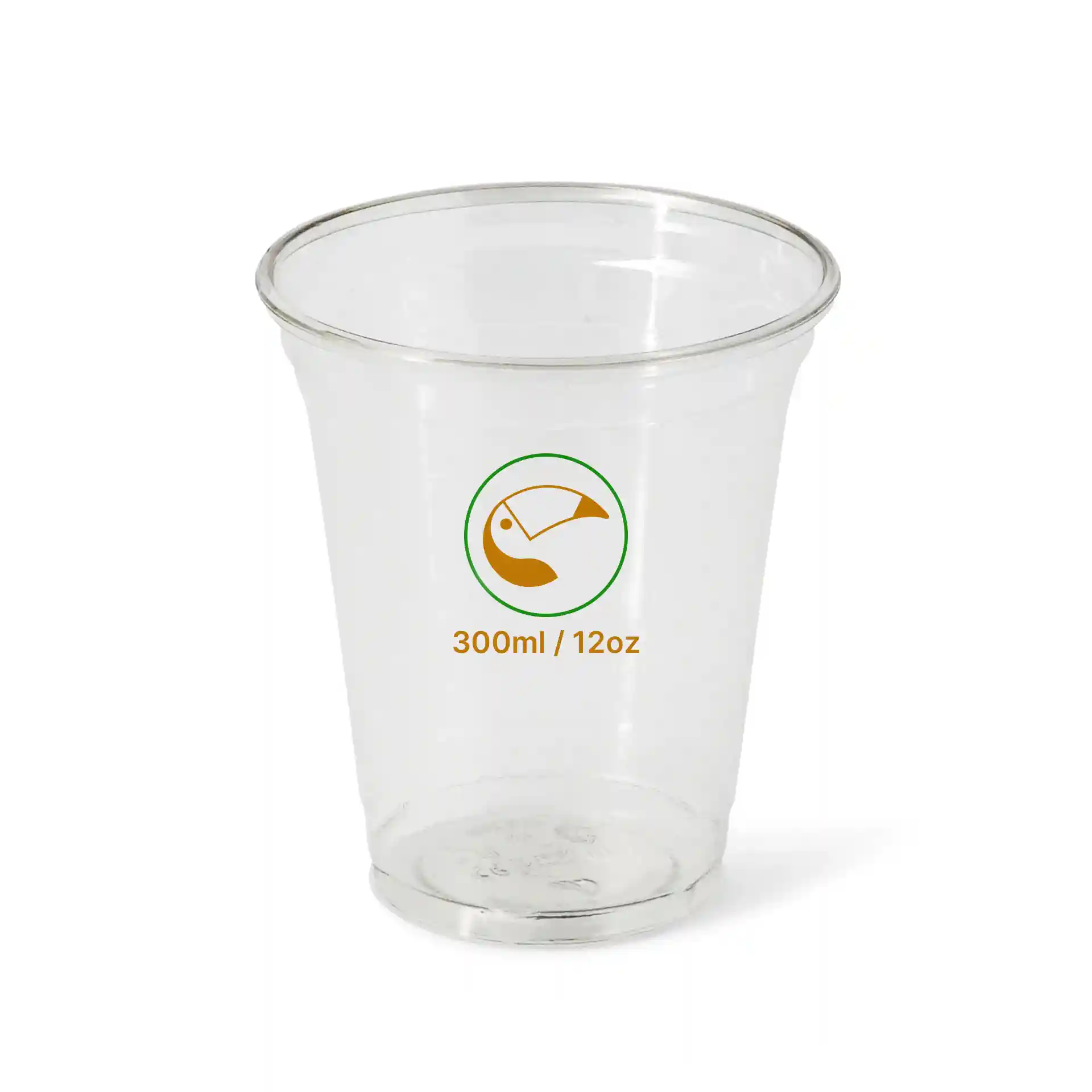 Clear 12 oz rPET cup with a height of 107 mm and a diameter of 94 mm, featuring a printed design.