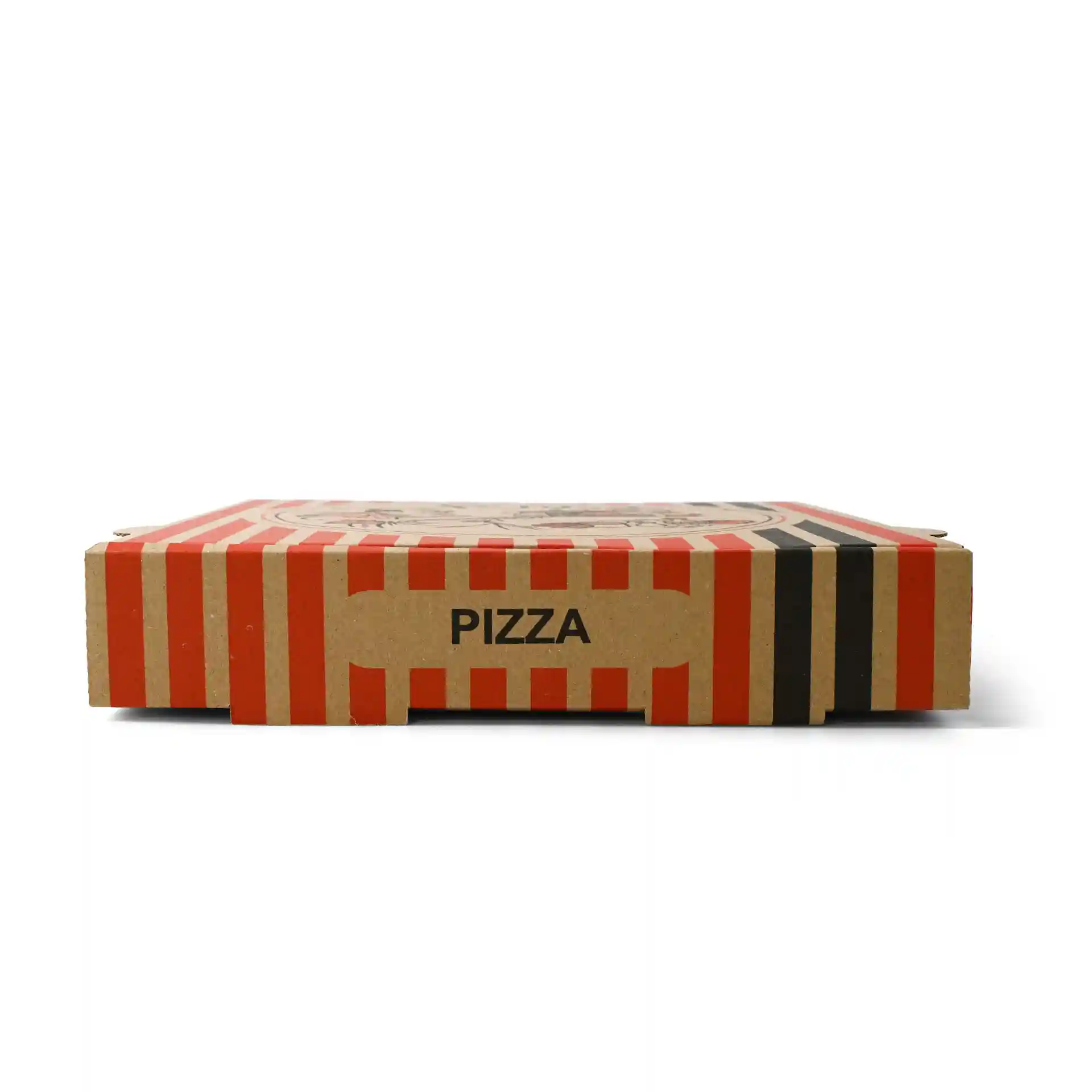 Brown pizza box with red and black stripes, featuring a pizza chef design, measuring 26 x 26 x 4 cm.